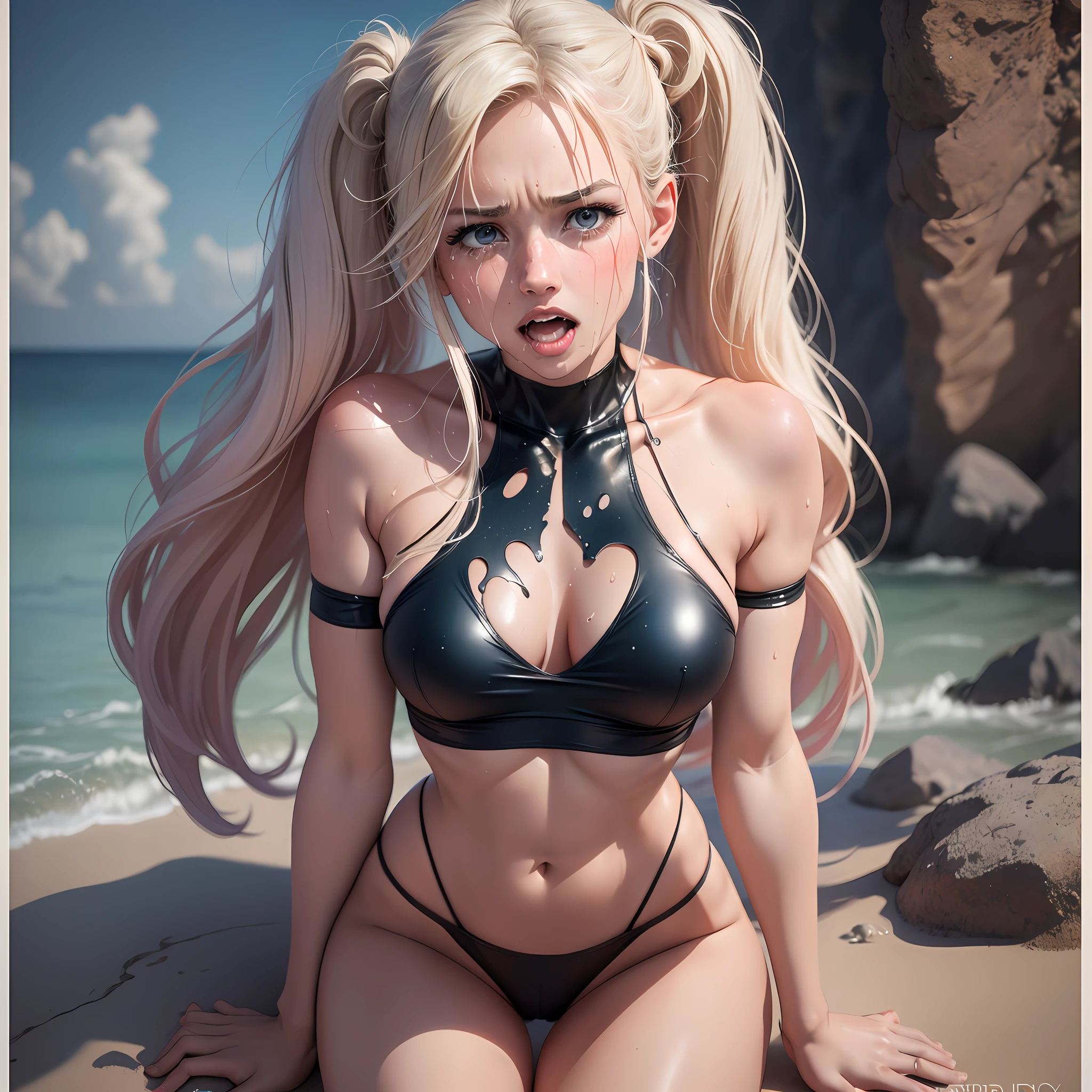 Beautiful girls on the beach, blonde with pigtails, legs spread, sexy pose, sexy girls in sexy swimsuits, super quality, realistic photo, wet skin, high detail, 4 girls, moaning in pain, feeling in pain, tears flowing, pain, crying in pain, bust of Botox, 4k highly detailed realistic ((whole body, including legs)), beautiful 18 year old sweaty girl with ((sharp jawline)) and perky tits,  wet skin and hair, large breasts, long straight hair, bare lower body, torn, no panties, shirt covered lively), finger under panties, perfect body, open (perfect body), fashion photorealism, high-definition system details, photography, sharpness, unique 850 4, Koda850K portrait camera, f1.6 lens, rich color, hyper-realistic texture, spectacular light texture, surreal art, Cinestil 800 fashion movement,   frightened and weeping, covered with tears, obeying pain, moaning in pain, grimaces of pain