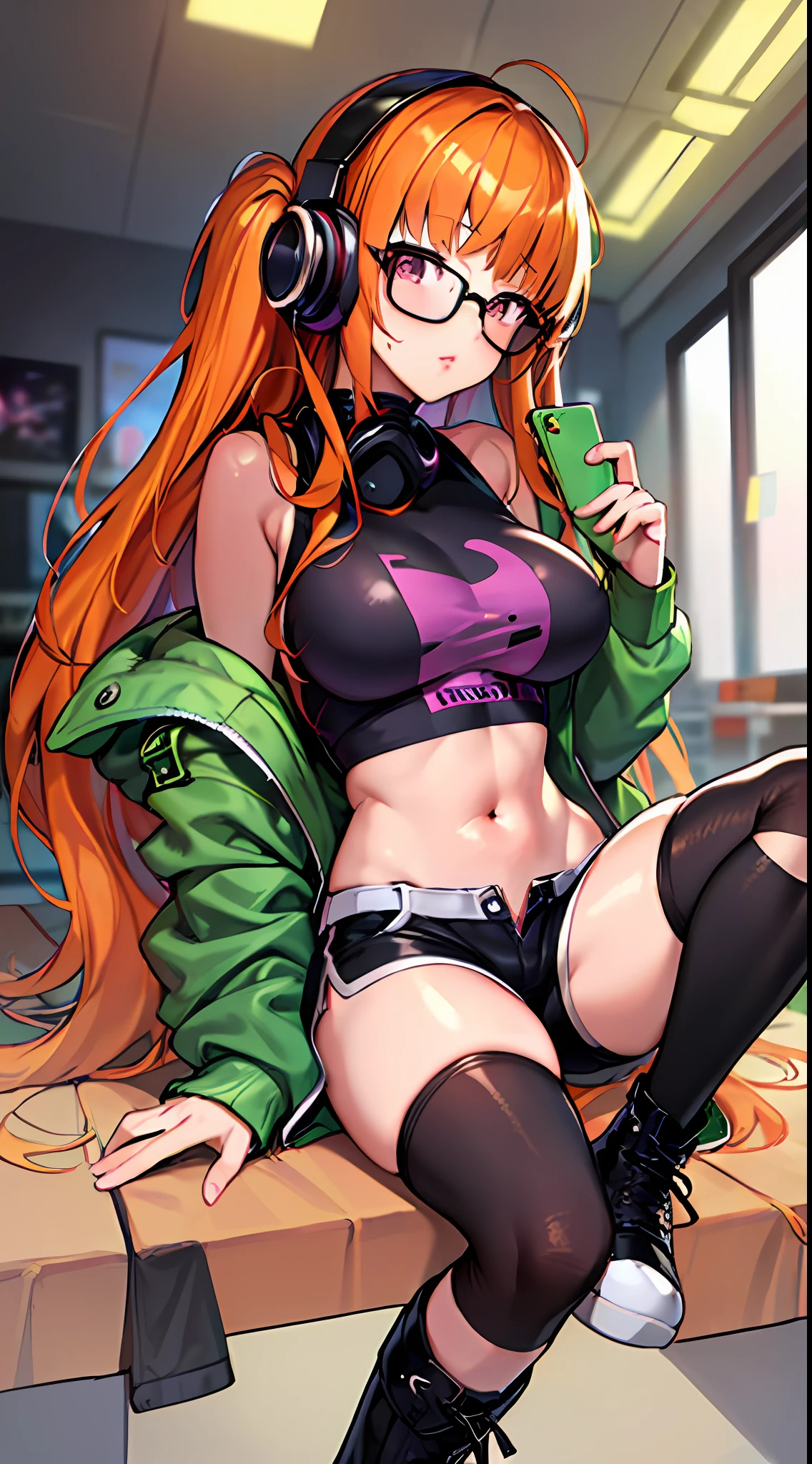 masterpiece, best quality, 1girl, solo, futaba sakura, long hair, orange hair, purple eyes, pink lips, huge lips, green jacket, top shirt, headphones gamer, blue shorts, big breast, madure body, tokyo, skycraper, dusk, gothic boots, shiny skin, desktop wallpaper, room
