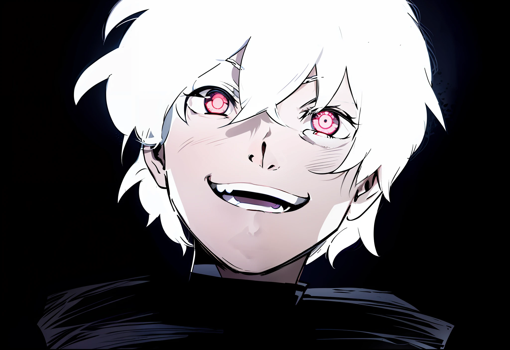 anime character with white hair and black eyes in a dark room, [[[[grinning evily]]]], ken kaneki, kaneki ken, grinning lasciviously, evil grin, choke smirk smile grin, white haired, unsettling grin, large eyes and menacing smile, he is smiling, white-haired, smug grin