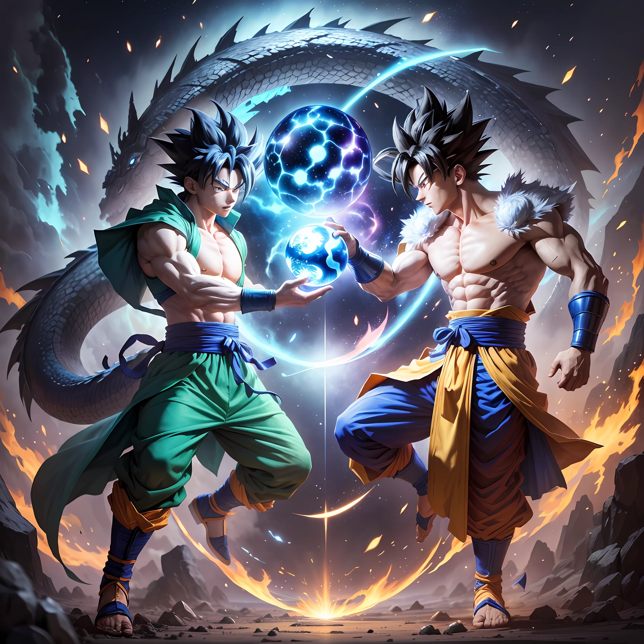 Goku from the dragon ball anime with a blue energy ball in each hand,a blue and white aura around it,fighting Naruto from the anime, and a dragon (shen long dragon from the dragon ball anime, 5× larger than warrior) and both looking at one to one (4k quality)