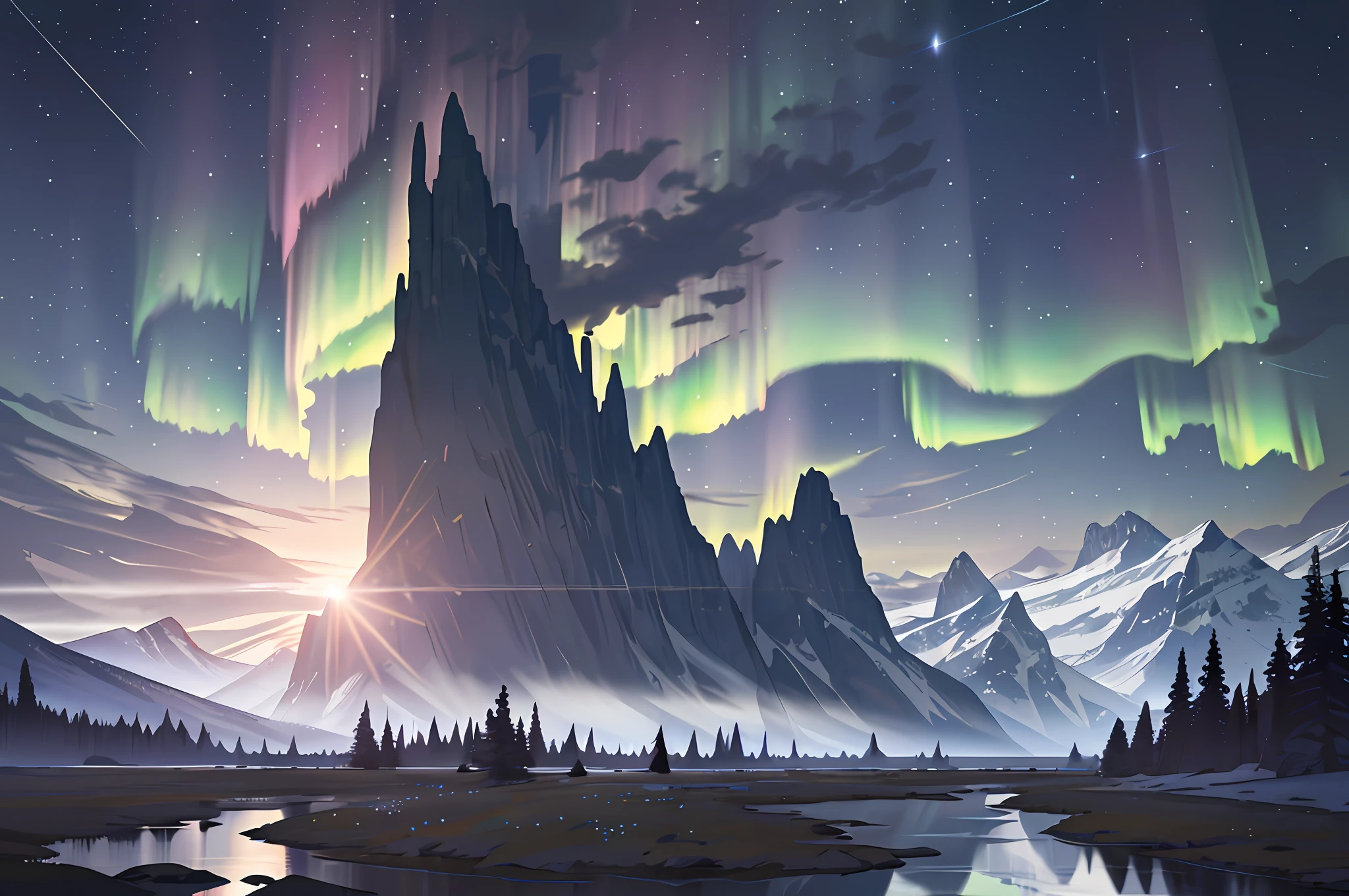 Nighttime, the full moon and bright stars fill the sky, Rocky Mountains thrust upwards, small patches of snow, delicate wildflowers bloom in the foreground, a river weaves it’s way through the lowlands, the aurora drops curtains of opalescent light over the landscape, nomads, epic composition, realistic lighting, high-definition detail, masterpiece, best quality, (very detailed CG unified 8k wallpaper), (best quality)