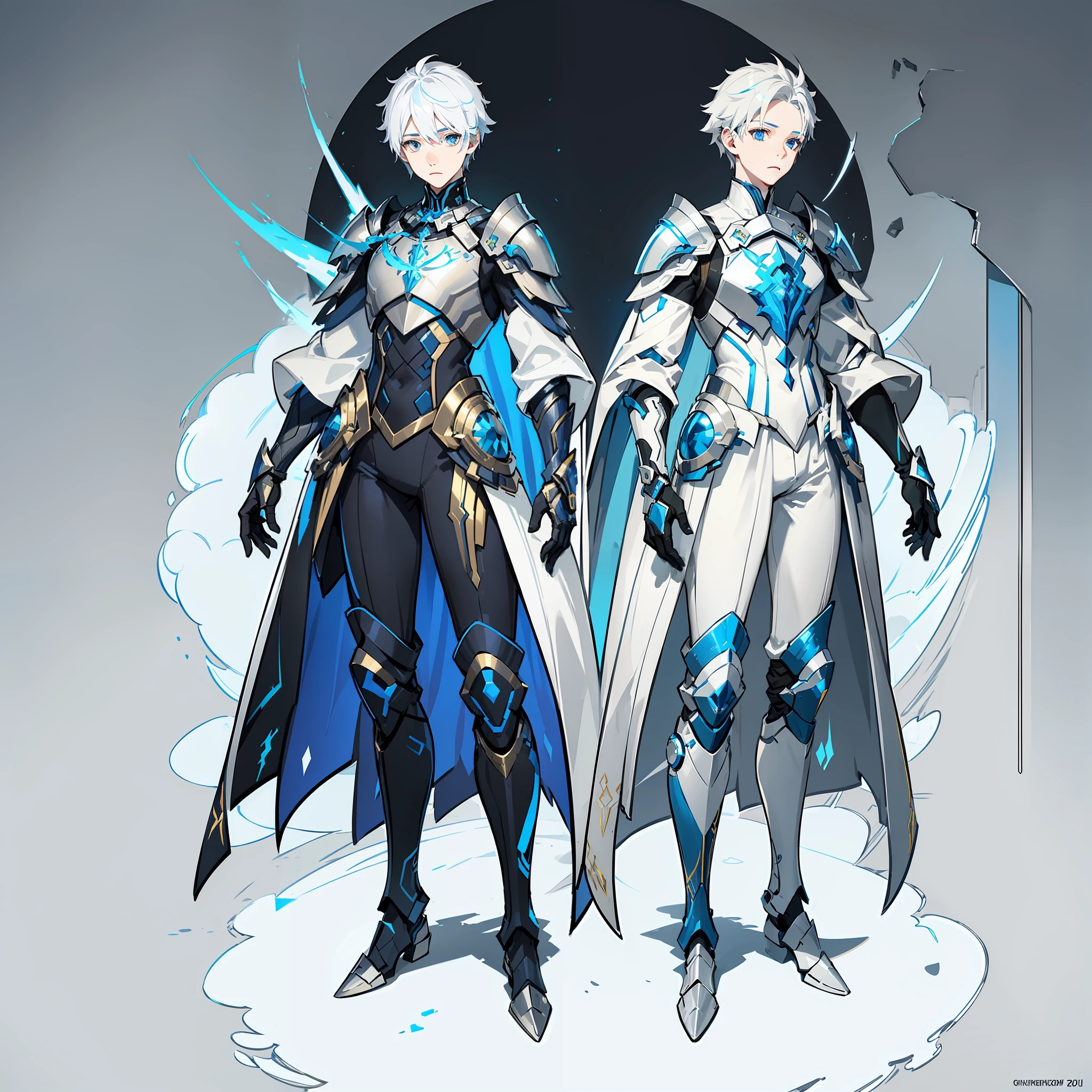 (((concept Art))), (((One character))), Male, Boy, (((Albinism))), Silver Eyes, ((Light Metallic Technological Armor with Blue and Gold Highlights)), Imperial, having mostly White Color, but having Blue Parts