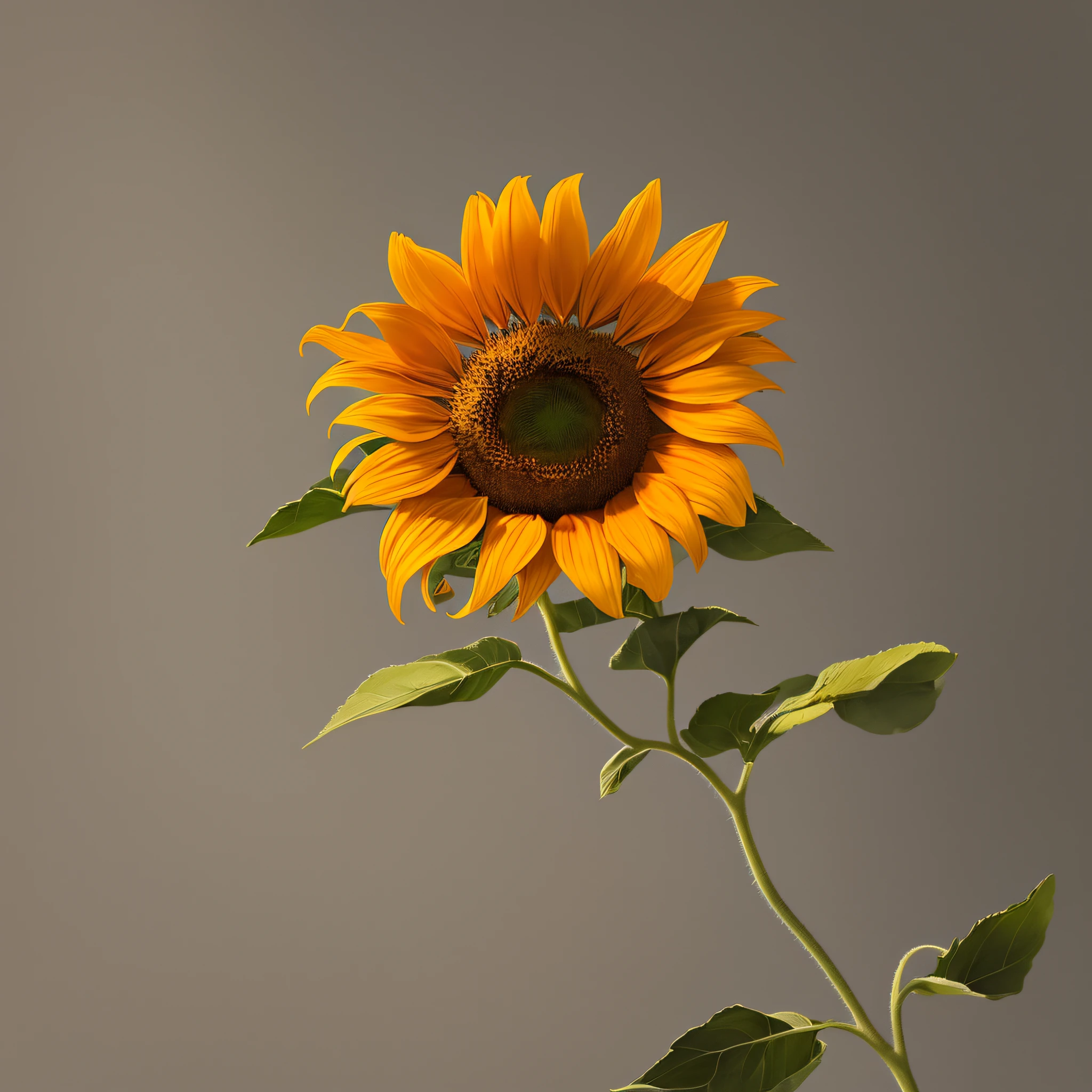 Sunflower flower blooming on a twisted branch against a gray background, simple background, in light orange and light beige style, minimalist images, photographic installations, paleocore, green and crimson, hyper-realistic poetic intimacy --auto --s2