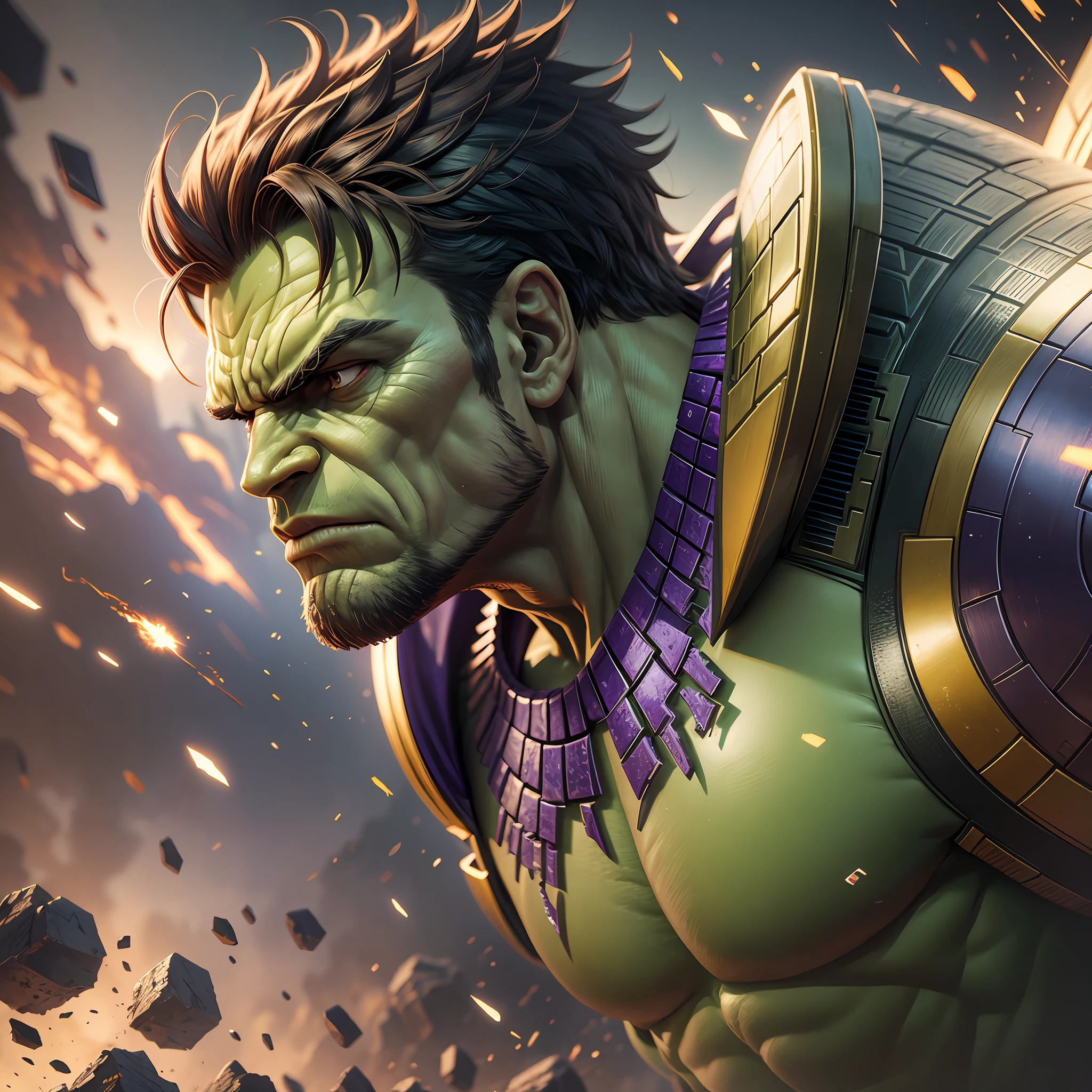 hulk facing off thanos, intricate details, realistic, octane render --auto --s2