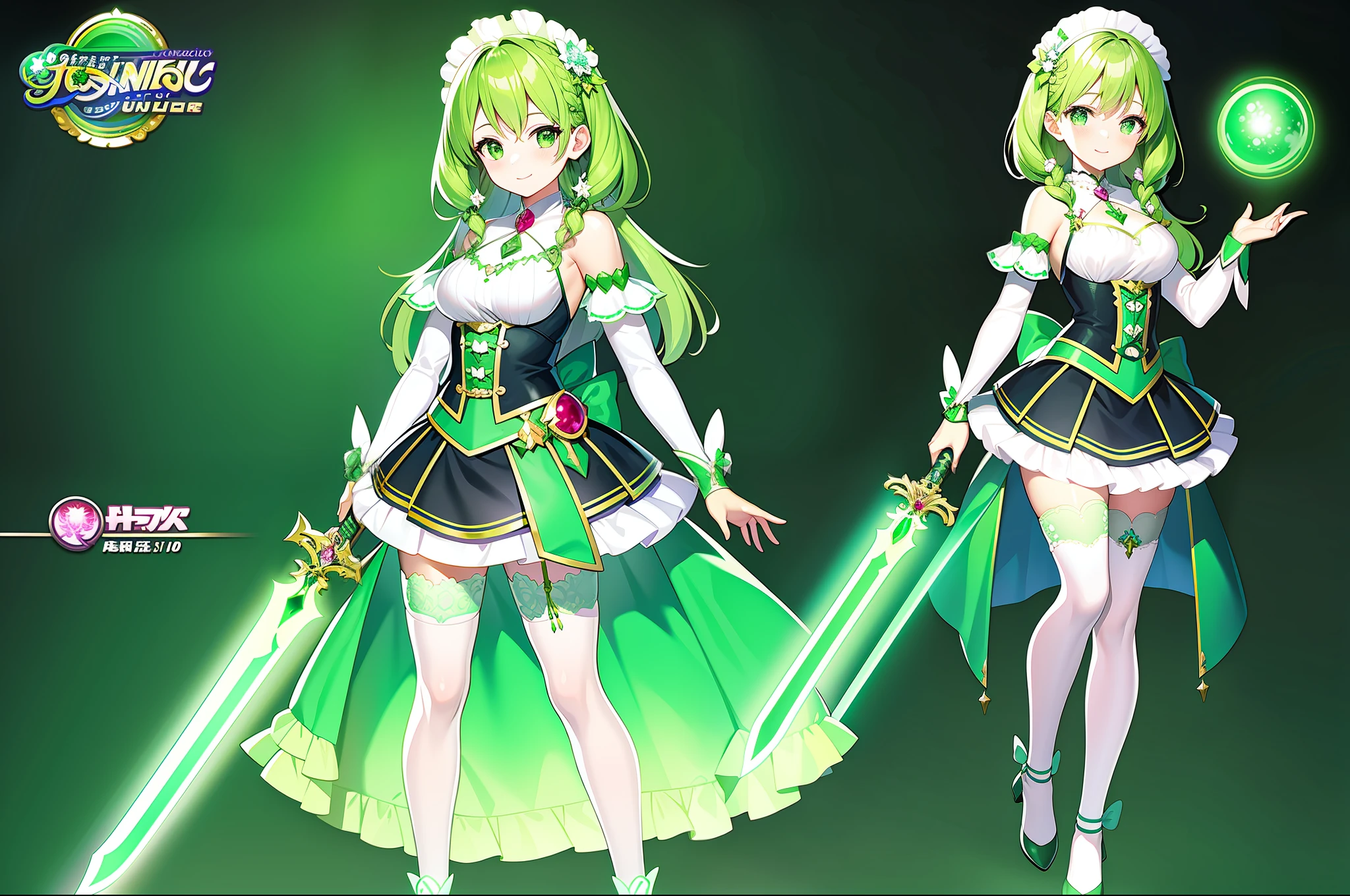 masterpiece,(best quality) magical girl, wepon, green, braided hair, medium sized breasts, unique design, stockings,green and black, magical girl, fullbody, holding sword,( ( character concept art ) )