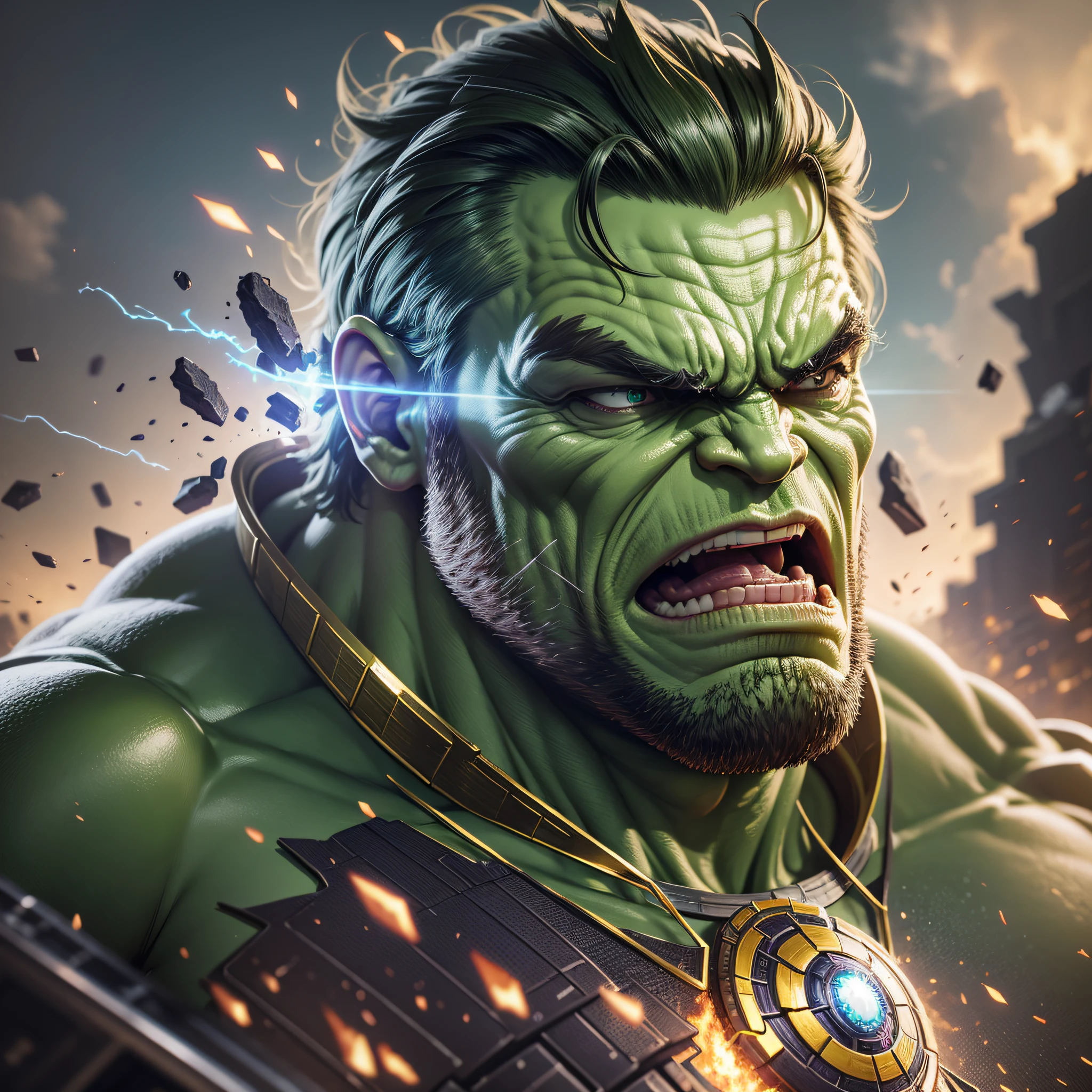 hulk facing off thanos, intricate details, realistic, octane render --auto --s2