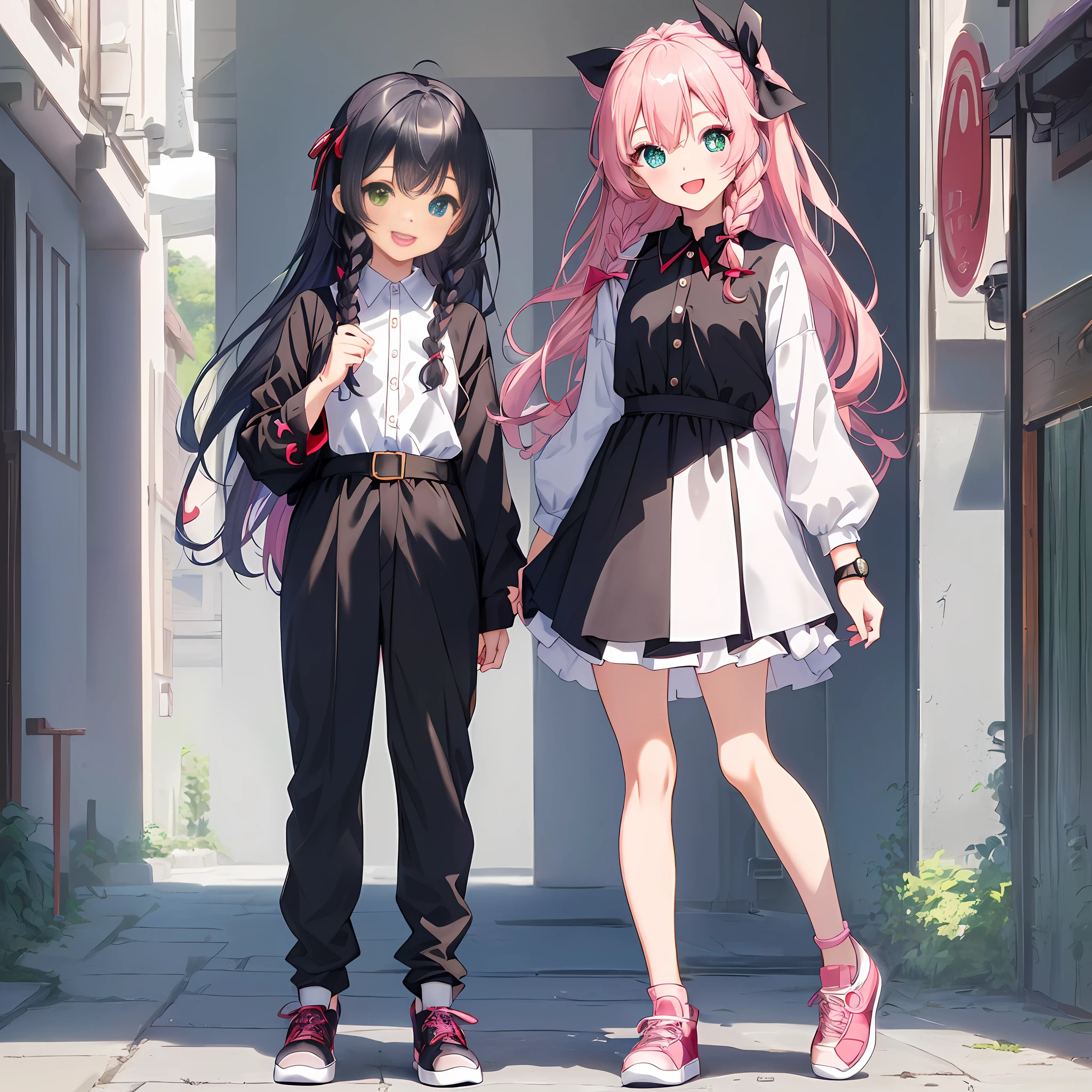 (Masterpiece, Super Detail, Top Quality, 8k, 32K, High Definition, Kyoto Animation Style Anime Illustration, Top Quality Official Art Features: 1.6), (Heterochromia, Blue and Green Eyes: 1.8), Shining Eyes, (Chibi: 1.8), (Caregiver, One Cute Girl, Solo, Standing, Watch Viewer, Full Body, Front, Cute Open Mouth, Makeup, Cute, Happy Smile :1.3), (: 1.2), (cute: 1.5), (Clothing: black long undershirt, 3-button simple design red polo shirt, black long pants: 1.5), (Footwear: sneakers), (pale pink hair, braid, long hair, hair ribbon, cute ribbon: 1.1), thin eyebrows