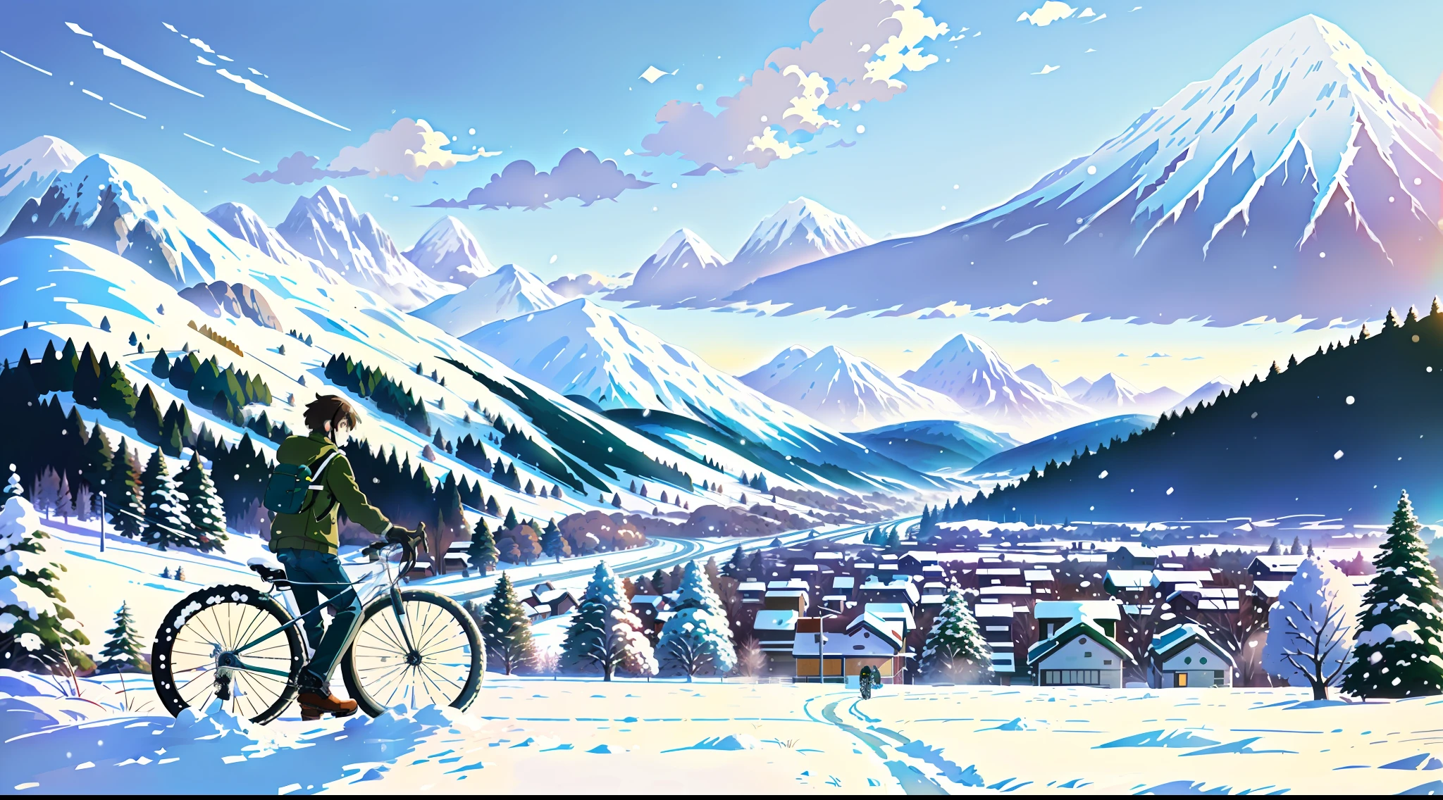 (bike: 1.5), (realistic bike: 1.5), (realistic cyclist: 1.5), back cyclist in the foreground, lofi landscape, nature, mountain, snow, winter, landscape background, shadows, contrast, makoto shinkai (Best quality:1.3), (Highres:1) Art by Studio Ghibli Style, Vibrant Colors, Impressionism