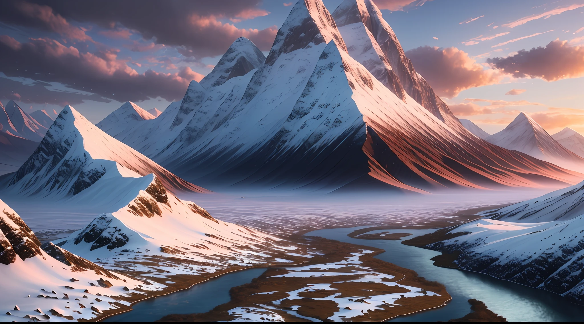 painting of a mountain scene different from the original image with snow, 3 peaks with a stream running through it different from the original image, landscape of Middle-earth, epic dreamscape of dreamscape, epic fantasy landscape, stunning fantasy landscape, oil painting of epic surrealism 8k, fantasy art landscape, high fantasy landscape, Highly detailed digital art in 4K, beautiful UHD 4K art, mystical fantasy landscape, an epic landscape, matte digital painting 4K HD, UHD, severe low lighting, high quality, sharp focus, Fujifilm XT3