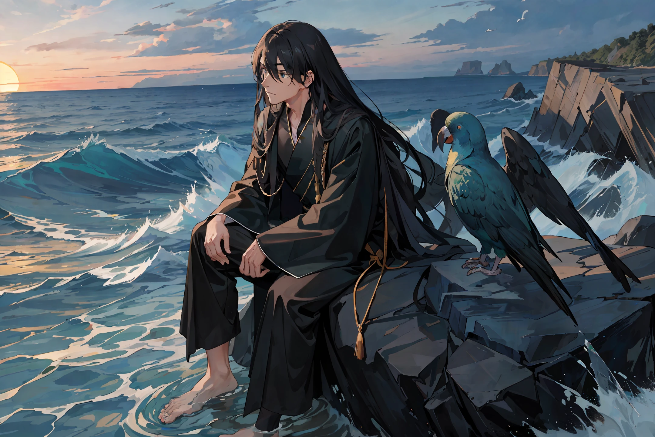 masterpiece, best quality, ultra-detailed, illustration, 1man,long black hair, black long robe ,king,sitting on the rock, staring to the sea., sunset, water,beach,.a green parrot on shoulder,water waves are beating the rock.