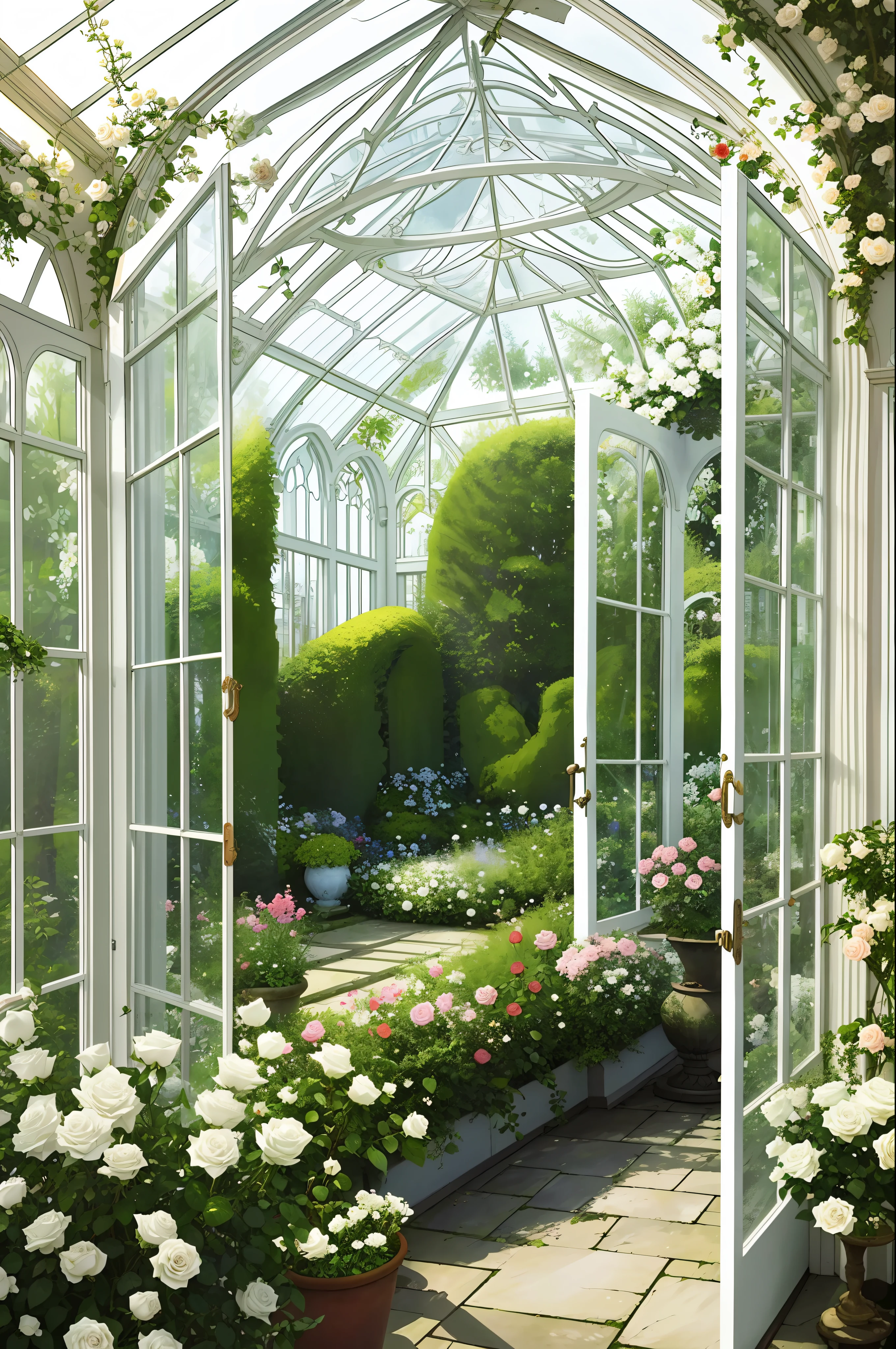 secret garden, lush, floral, white rose, botanical, romanticism, moody, tea, tea time, glass chairs, large conservatory, spacious