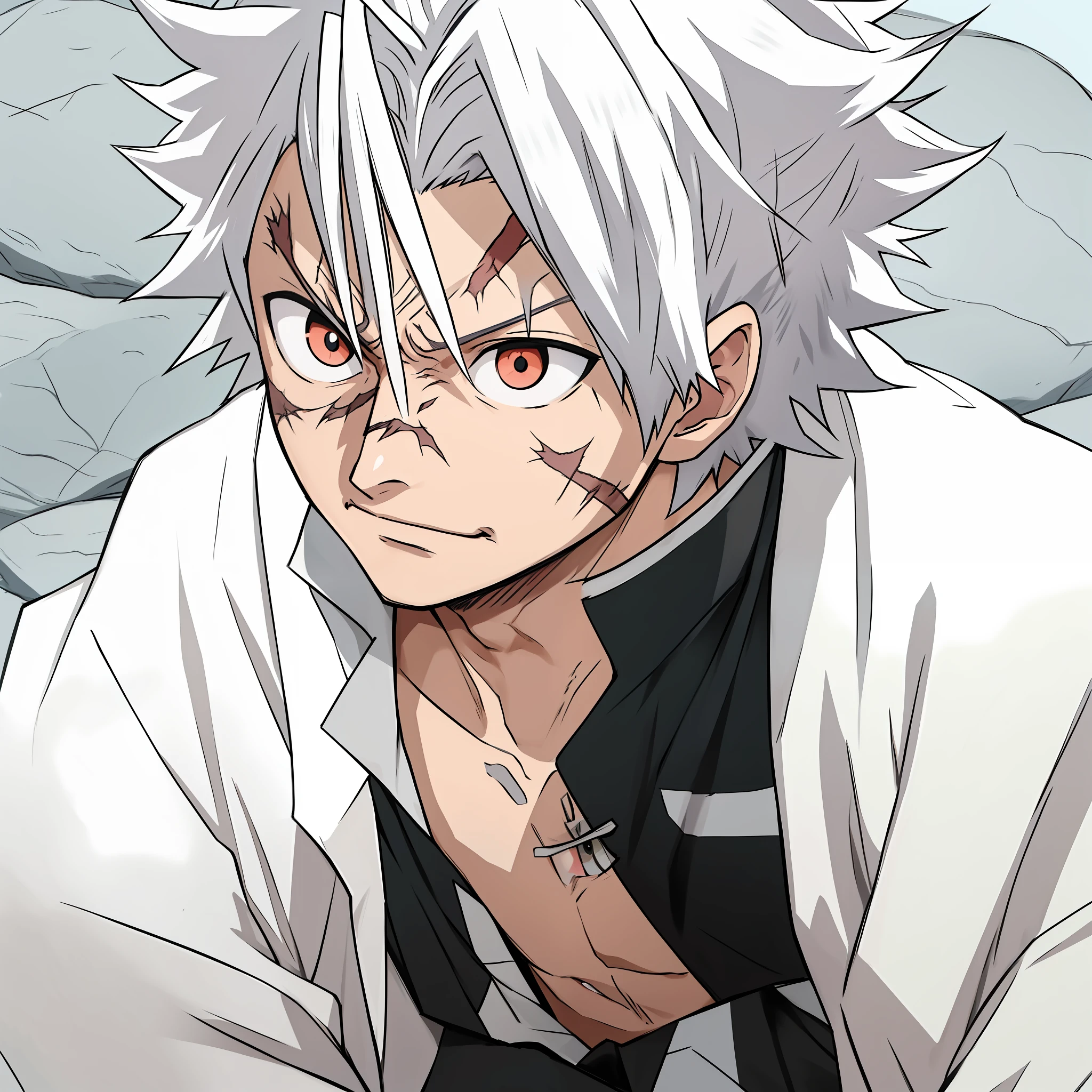 Anime character with white hair and white eyes sitting on a rock, Hajime Yatate, a silver-haired madman, Nagito Komaeda, main anime visuals, Killua Zoldyck black hair, cute face in Demon Slayer art, Killua Zoldyck portrait, anime key art, Killua Zoldyck, many cuts on the face, scar marks on the face, Huge scar on the face, kakashi katake, giant cuts on his face, psychotic look, manic smile, madness