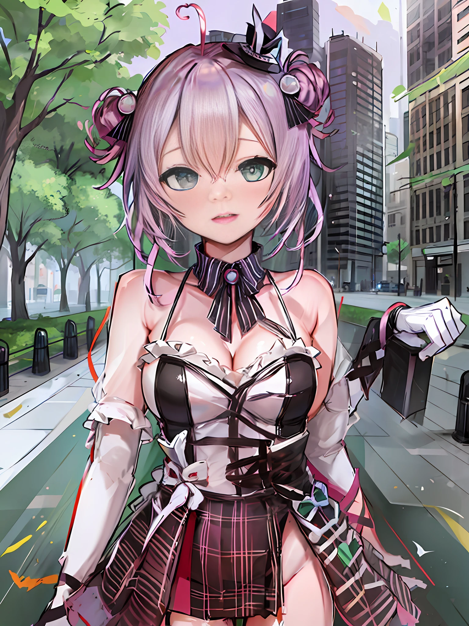 ( spade_echo ), hololive, 1girl, (masterpiece), (best-quality), (detailed), pink hair, light_green_eyes, cute, medium_breasts, short hair, double_bun, mini_hat, looking at viewer, facing viewer, park, road, lamp, city, tree, full_body, heart_ahoge,