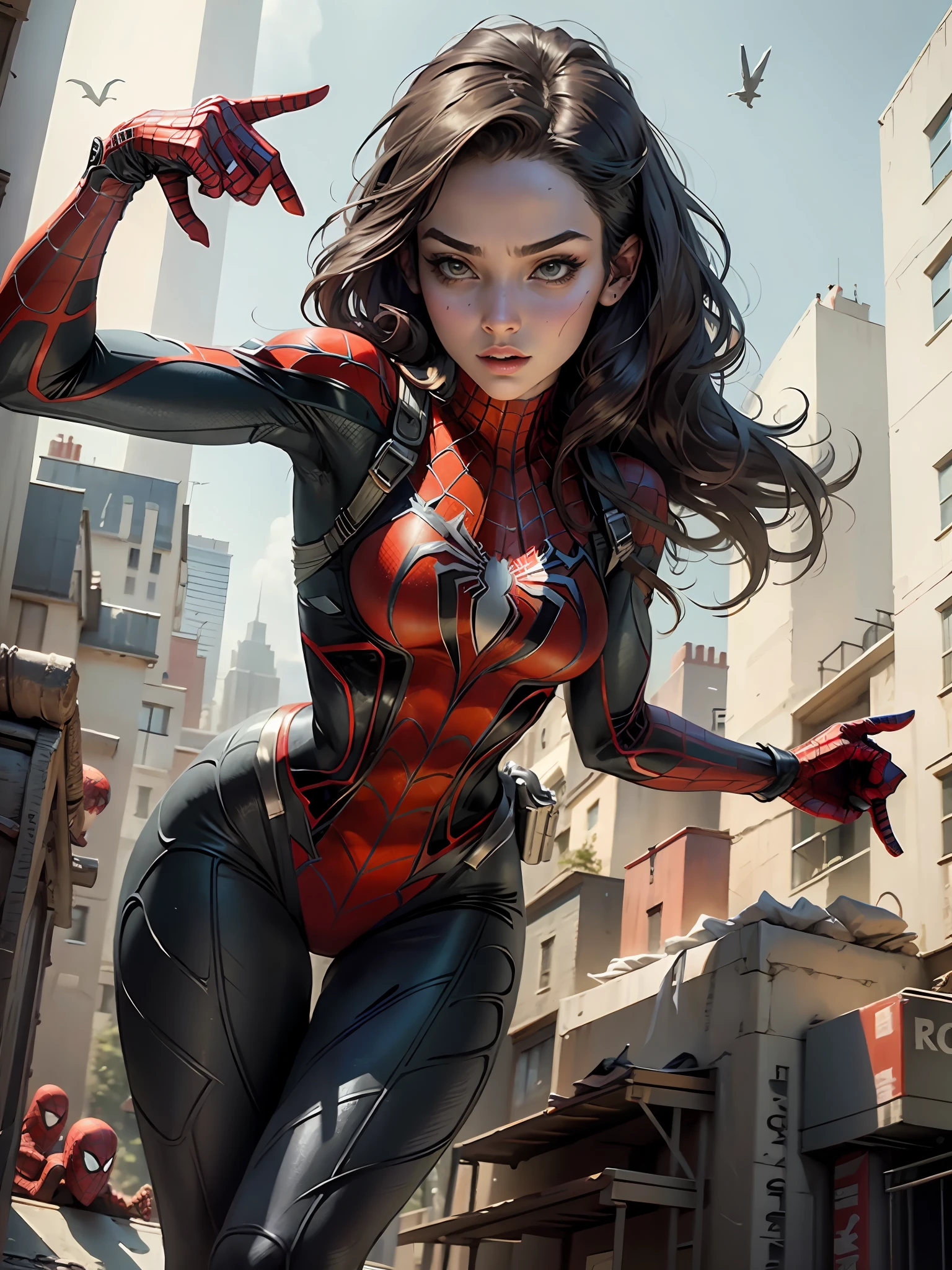 Beautiful woman detailed defined body using spider man cosplay, small breasts, tall buildings