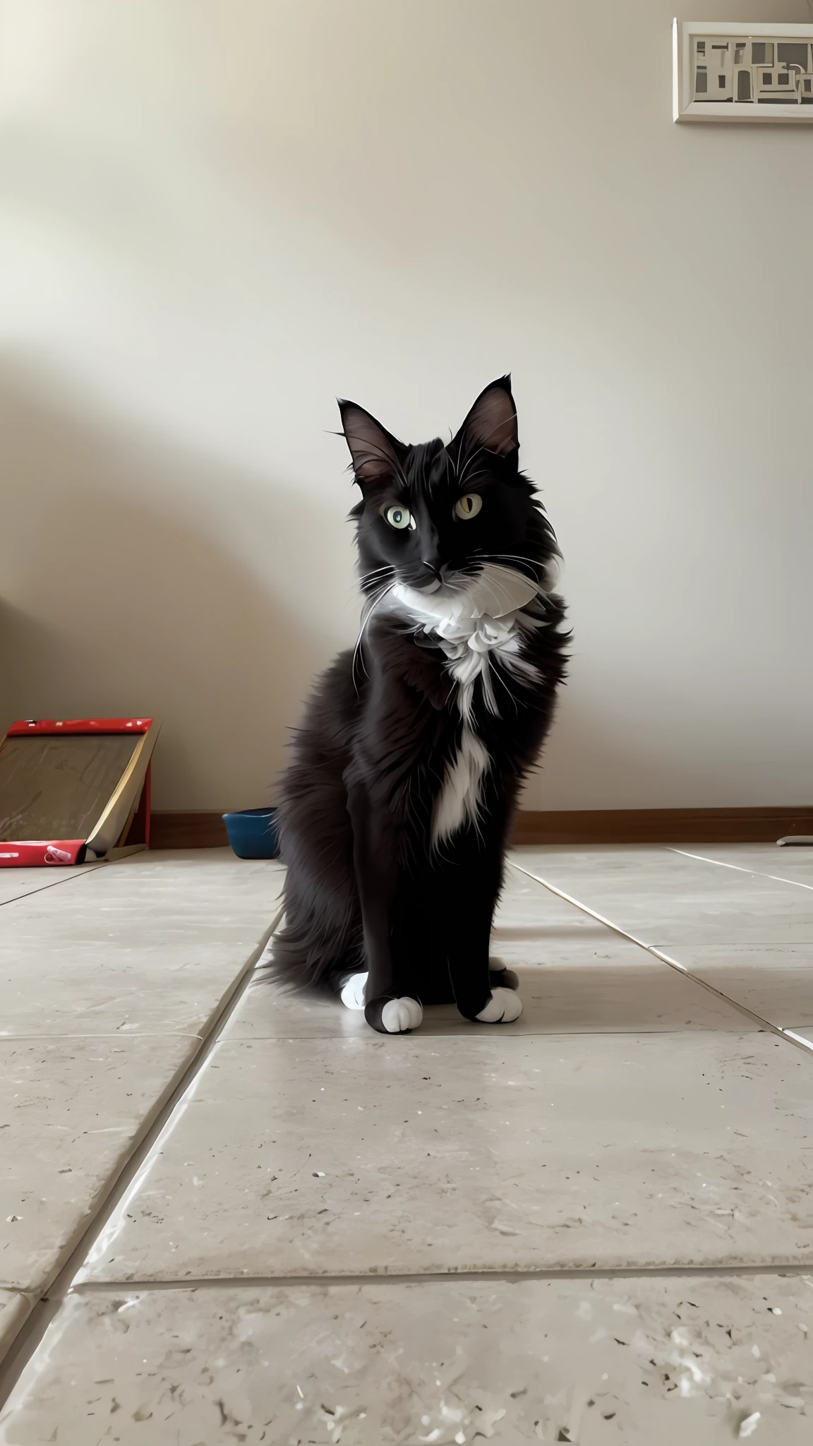 there is a black and white cat sitting on the floor, doing a majestic pose, doing a hot majestic pose, doing an elegant pose, doing a sassy pose, tuxedo cat, with a cool pose, an artistic pose, sinister pose, very artistic pose, looking straight to camera, intimidating stance, in an action pose, striking a pose, sfw