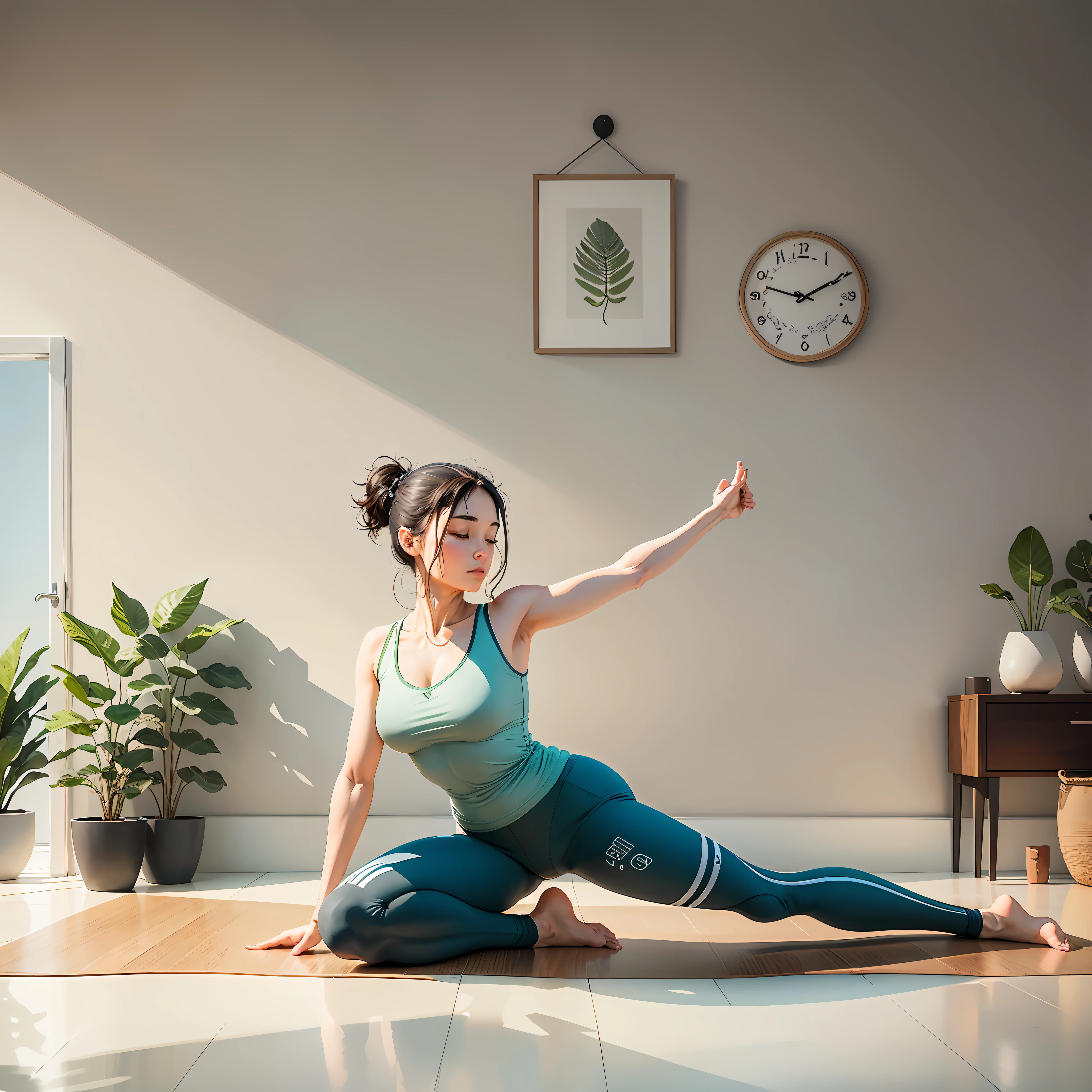 An illustration inside a modern house with natural elements and with a calm atmosphere, with a person practicing exercises to relieve joint pain. The person is performing gentle stretches and low-impact exercises, focusing on the upper joints of the body. --auto --s2
