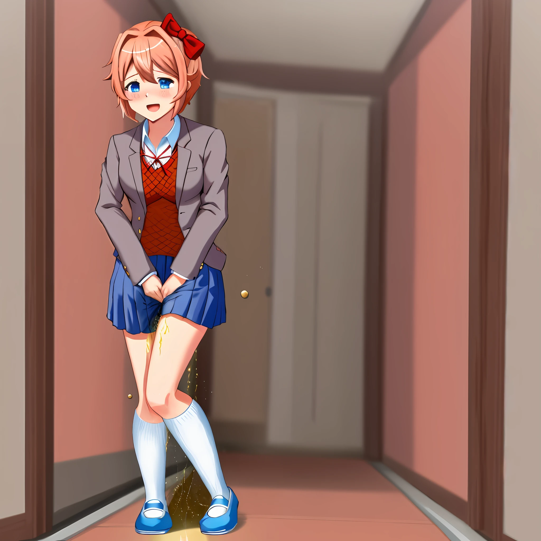 2d, masterpiece, best quality, anime, highly detailed, cowboy shot, 1girl, solo, alone, sayori, blue eyes, pink hair, short hair, hair bow, red bow, school uniform, black shoes, blue tip, white socks, blazer, brown sweater, collared shirt, neck ribbon, blue skirt, standing, clenched hands, peeing herself, peeing, peeing self, very desperate to pee, full face blush, sad, crying, flustered, ruffled panties, peeing, peeing self, peeing, peeing self, pee puddle, puddle of her own urine is forming around her feet, wet skirt, wet socks :d, hallway