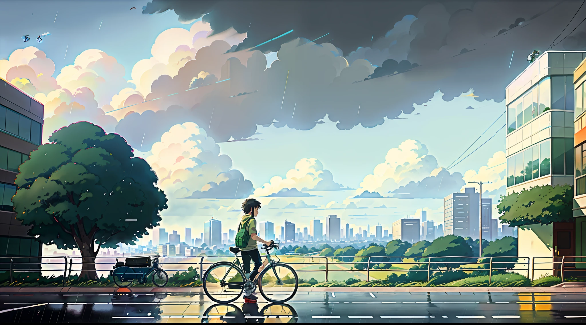 (bike: 1.5), (realistic bike: 1.5), (realistic cyclist: 1.5), back cyclist in the foreground, lofi landscape, city, urban, road, building, rain, landscape background, shadows, contrast, makoto shinkai (Best quality:1.3), (Highres:1) Art by Studio Ghibli Style, Impressionism, Solitude