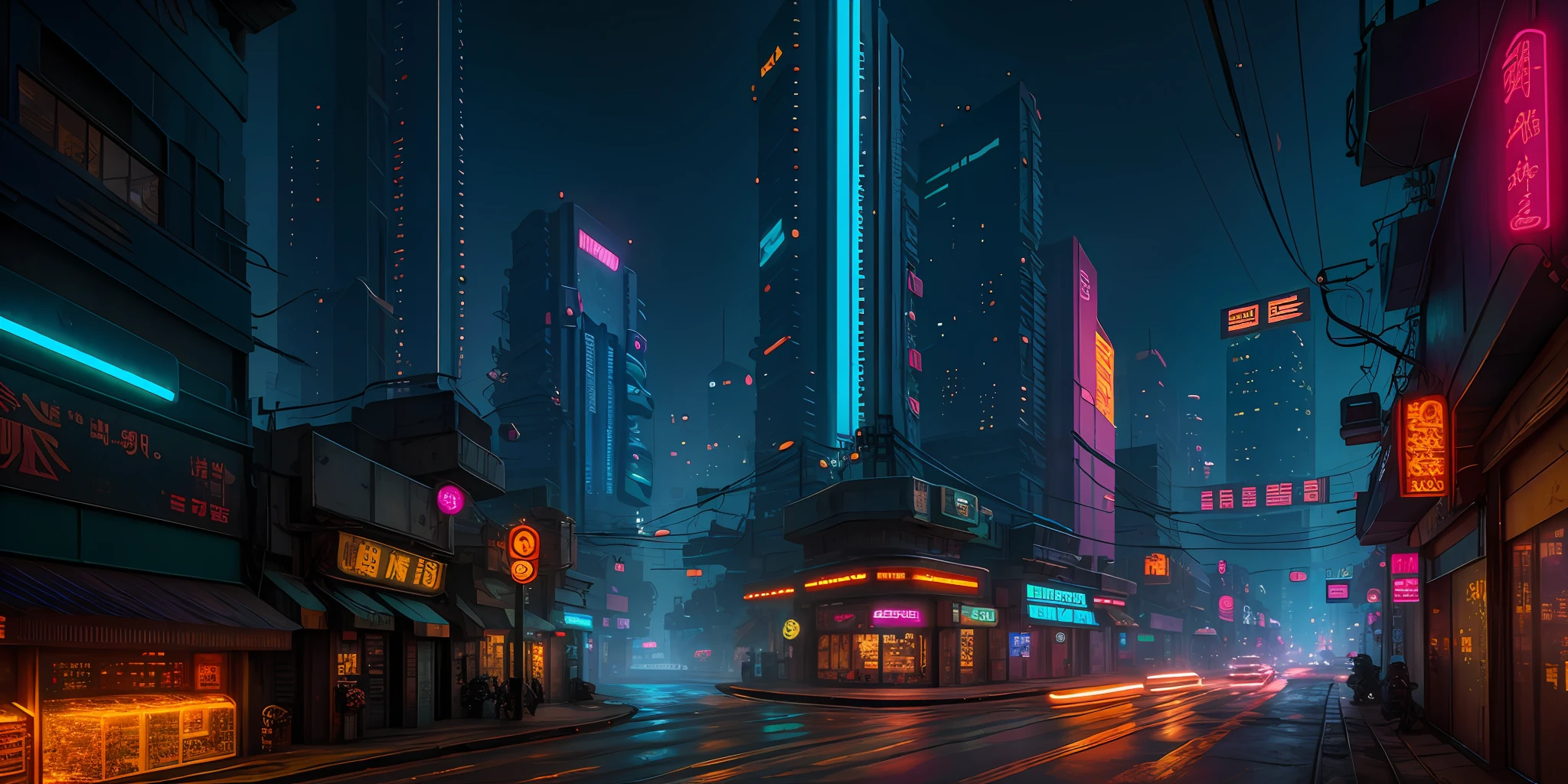 Cyberpunk city from sci-fi movie, empty street, night, chinoiserie buildings, old shop, irregular, circuit boards, wires, intricate, super detailed, realistic, hyper realistic, high quality, best, super detailed, crazy Detail, Very Detailed, Photorealistic, Epic Composition, Best Quality, 32k --v 6