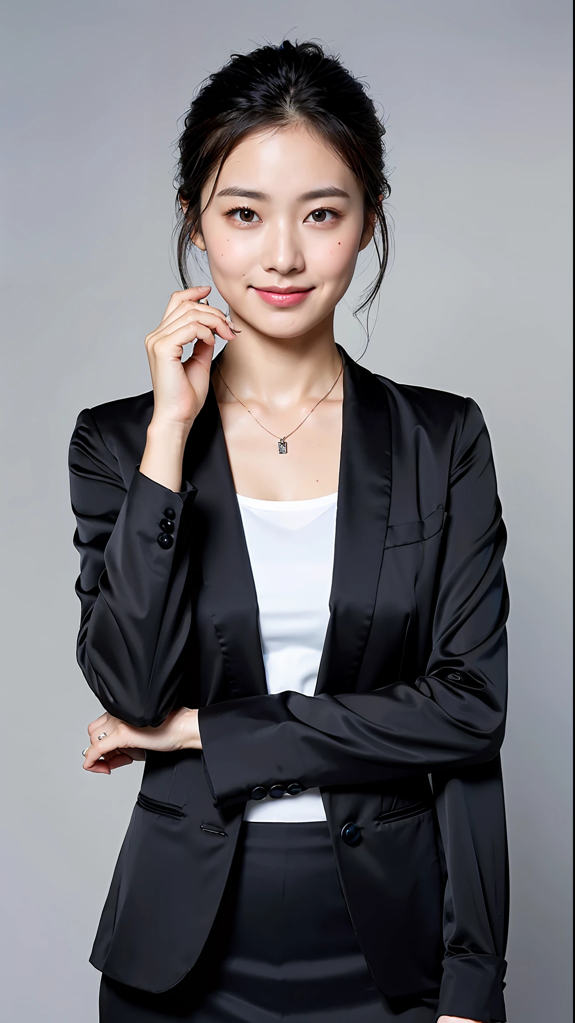 (Best quality, 8k, 32k, Masterpiece, UHD:1.2),Photo of Pretty Japanese woman,(detailed face:1.1), simple black suit, looking at viewer,upper body,necklace,dress shirt,smile,skirt