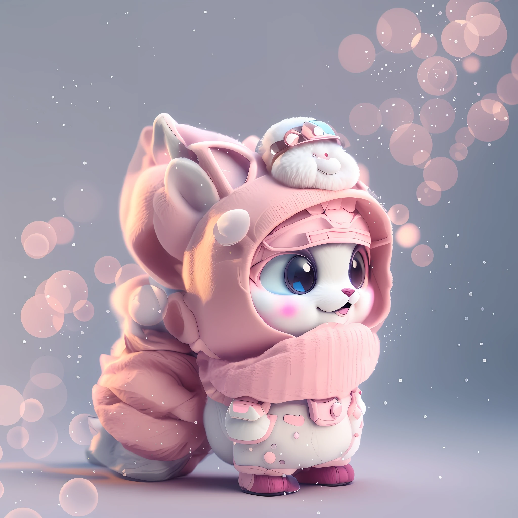 There is a little toy animal wearing a helmet and scarf, cute 3D rendering, 3D rendering stylization, cute digital painting, cute detailed digital art, stylized to 3D rendering, fox from League of Legends chibi, cartoon rendering keyboard, stylized 3D rendering, rendering in redshift, cute! C4D, rendered in keyframes, blender, pastel color scheme, masterpiece, best quality, DSLR, intricate details, background with snow