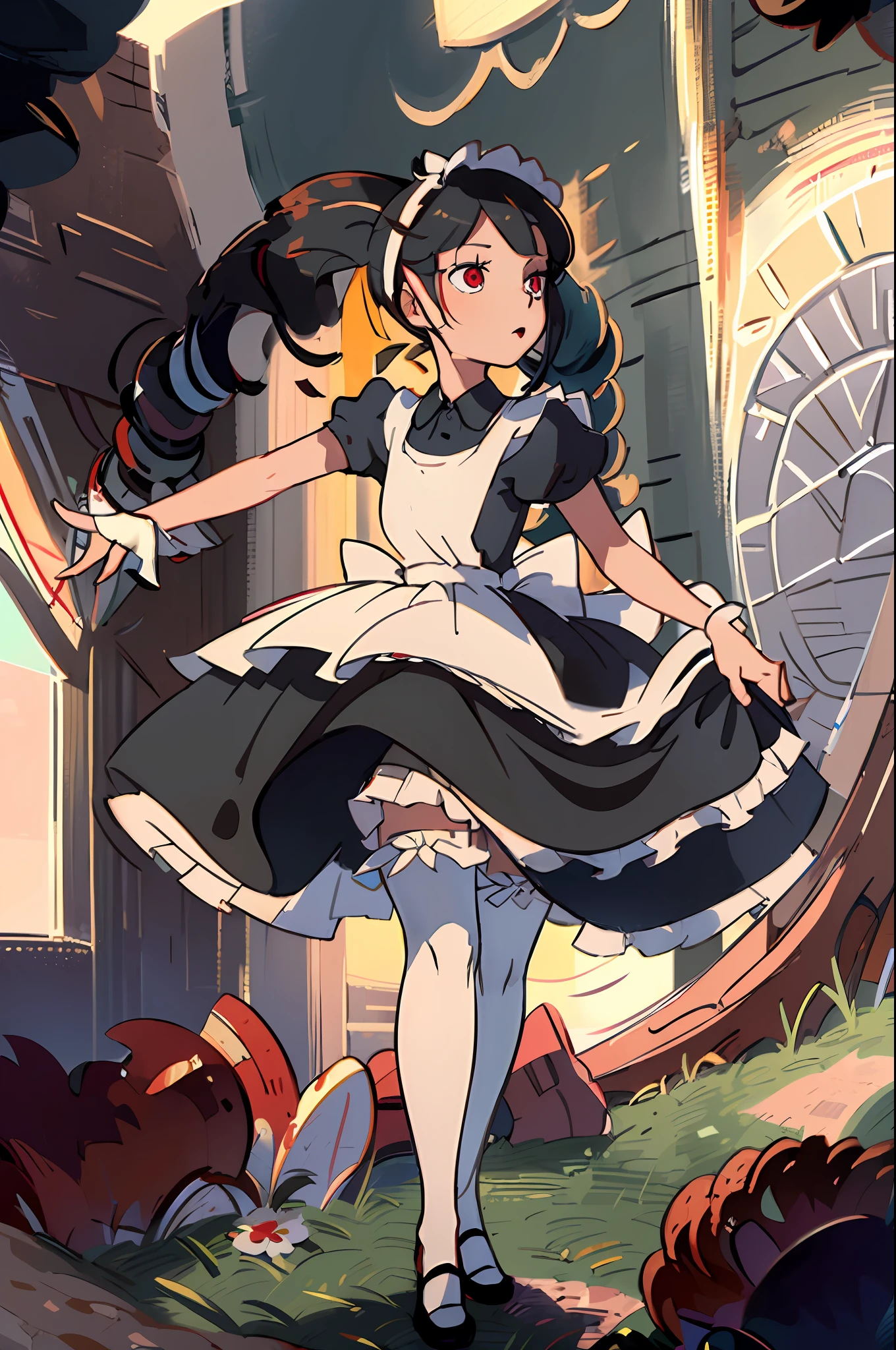 (masterpiece:1.4), (best qualit:1.4), (high resolution:1.4), Celestia Ludenburg, has black hair in two large twin-drill pigtails, red eyes, black dress, white apron, black hairband, white tight bloomers, neutral expression, looking at viewer, skirt lifted, presenting panties, shrunken, in jam jar, cork, sealed, crammed