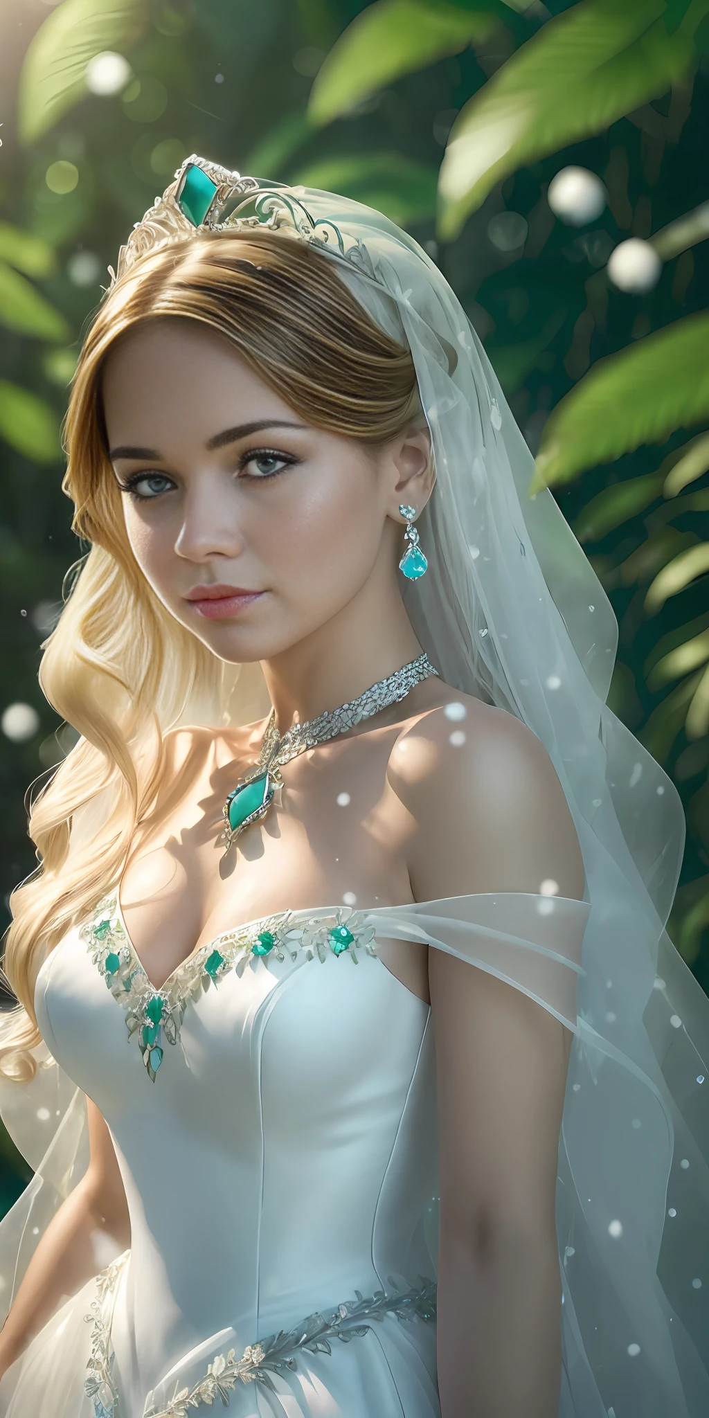 Full shot,(photorealistic:2), one girl of dazzlingly beautiful appearance stands against the backdrop of a picturesque landscape in the rainforest, snow-white wavy hair falls to the ground, the face is oval beautiful and perfect, a European Slav, the eyes are bright cornflower color, the eyelashes are long and fluffy, the eyebrows are dark, the nose is neat, the lips are medium a little plump, the face is hyperdetailed, snow-white long wavy hair to the bottom, the body is graceful and graceful with white skin, ultra short transparent organza dress with a deep neckline and neckline, the dress shines through, small breasts and swollen are visible, the girl is shod in elegant crystal shoes, a crystal tiara with sapphires on her head, a precious necklace made of turquoise and emeralds around her neck, a high-resolution photo, the image of the girl is sharp and clear, the back light draws an outline around the silhouette of the girl, the filling light soft illuminates the face and figure well, The color of the photo is cinematic, (photo as in the art gallery, photo style as William Martenson:2) --auto --s2