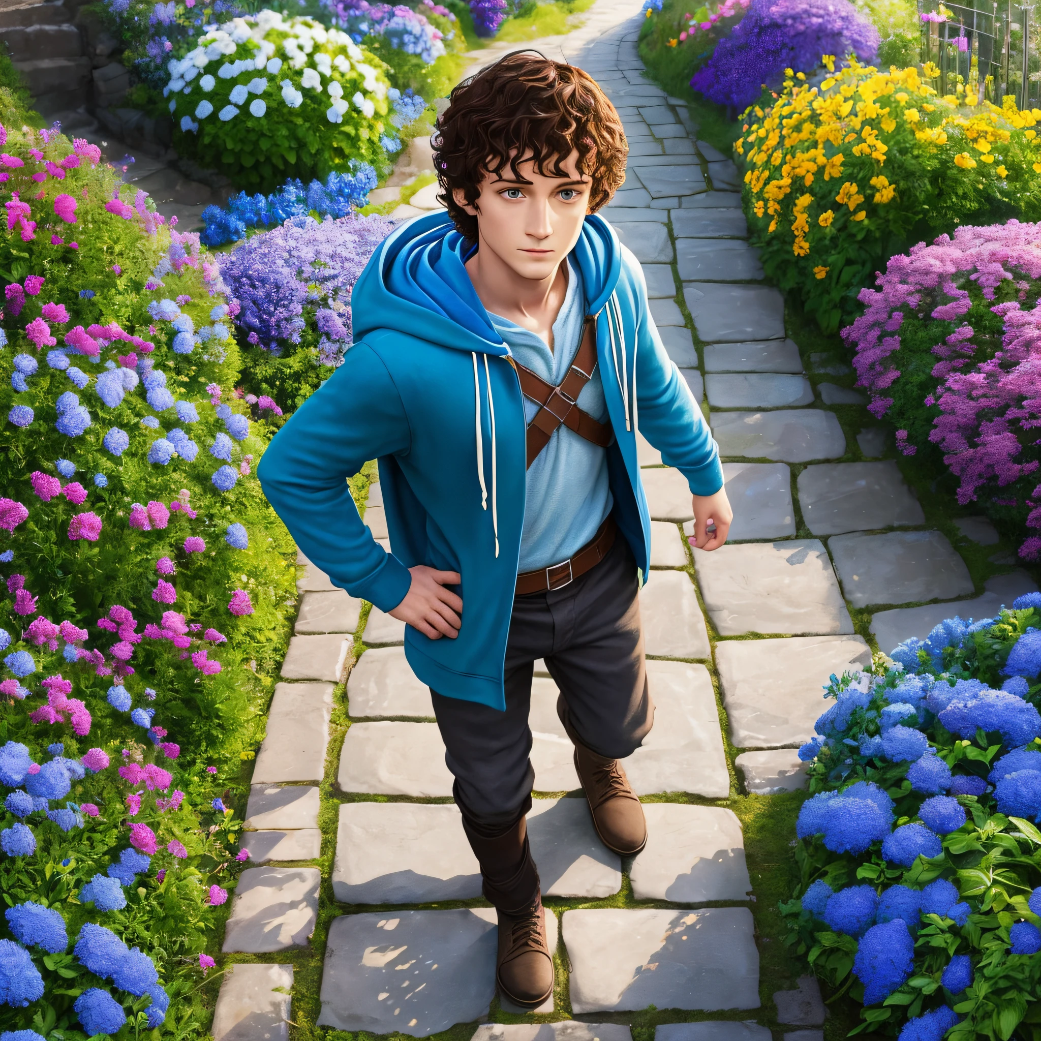 High quality, detailed full-body full-body portrait and camera seen from above, main character Frodo Baggins with a blue hoodie, under cybernetic luminosity. Beautifully perfect lights reflecting on the character, super bright colors, sunset and beautifully flowered garden perfect lights in the garden from a beautifully perfect and super detailed ray of sunshine --auto --s2