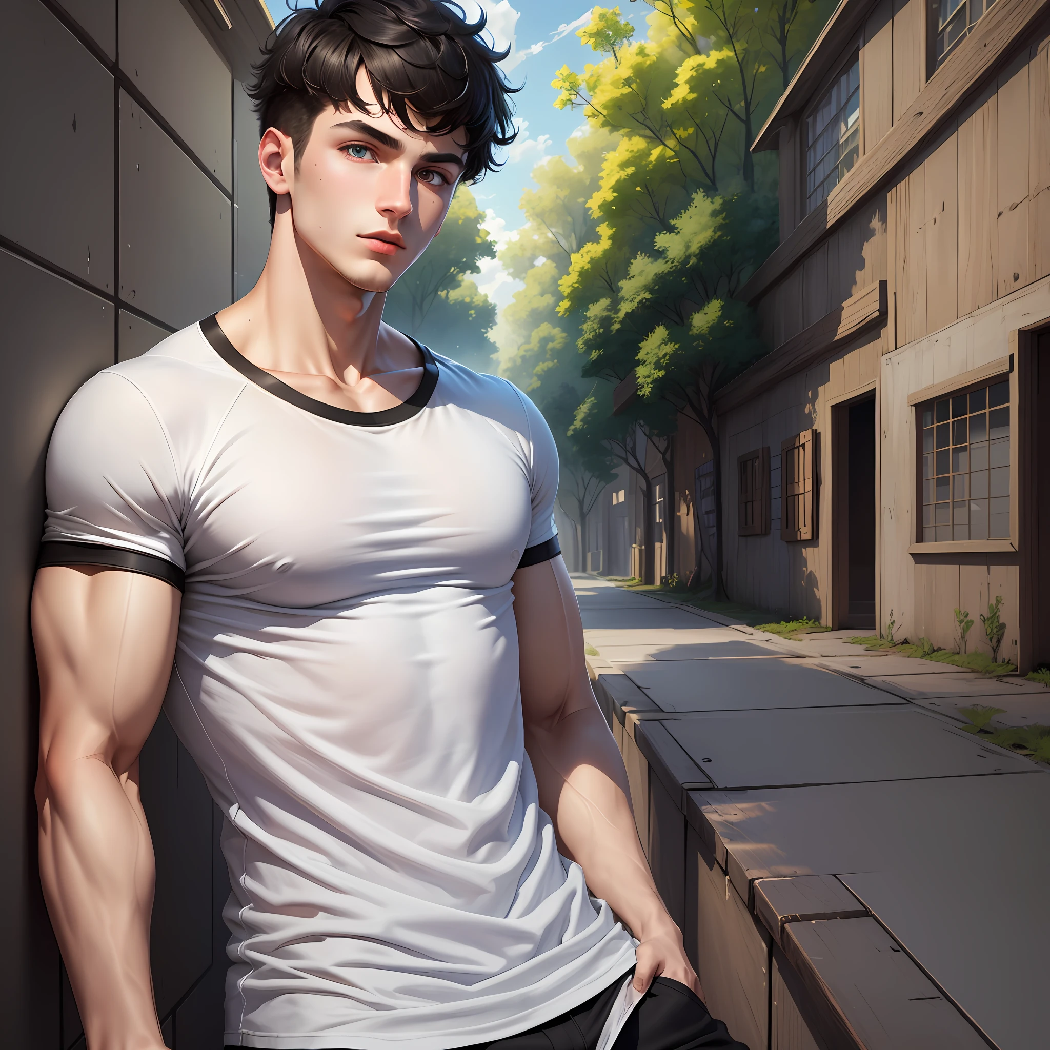 (Masterpiece: 1.2), best quality, ultra high resolution, 8k wallpaper unit, (illustration: 1.0), 23-year-old boy, tall, heterochromia, short black hair, muscular but not so much, white t-shirt and black pants