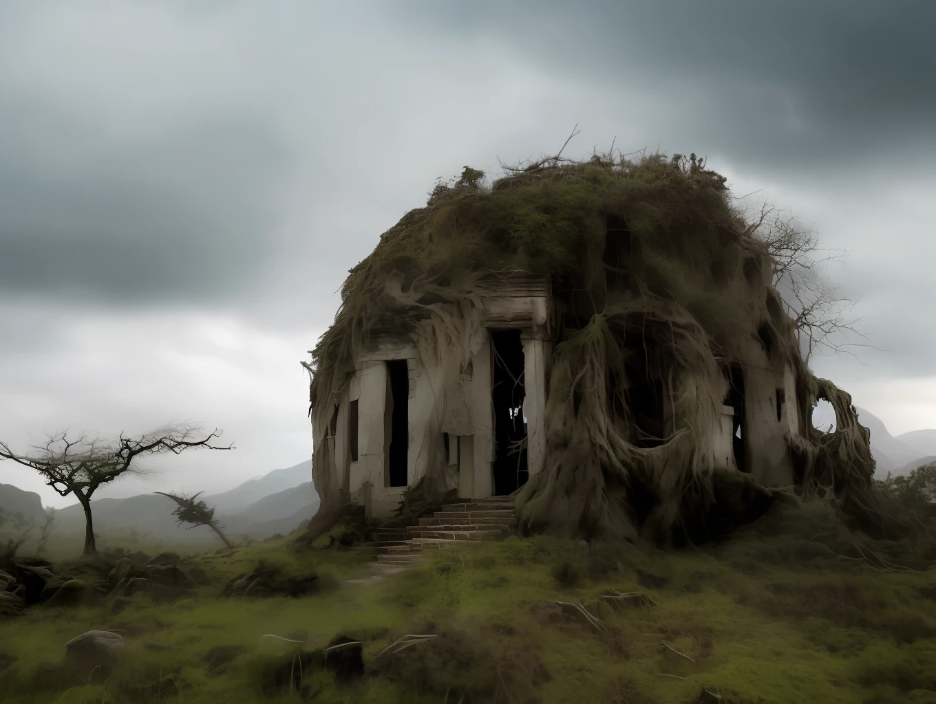 an old zplbf zplbg stone building with a tree growing out of it, a matte painting by Denis Eden, featured on unsplash, ecological art, high dynamic range, creative commons attribution, photo taken with ektachrome