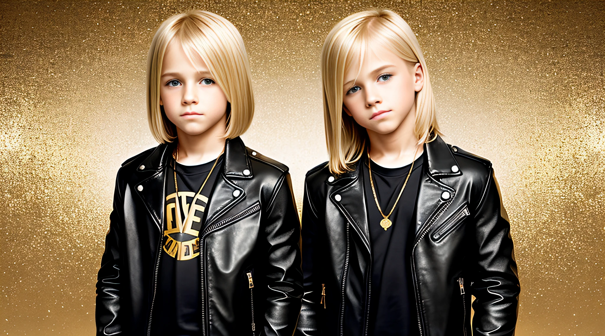 blonde boys WITH STRAIGHT HAIR, GOLD BACKGROUND. Black leather jacket and black clothing. .