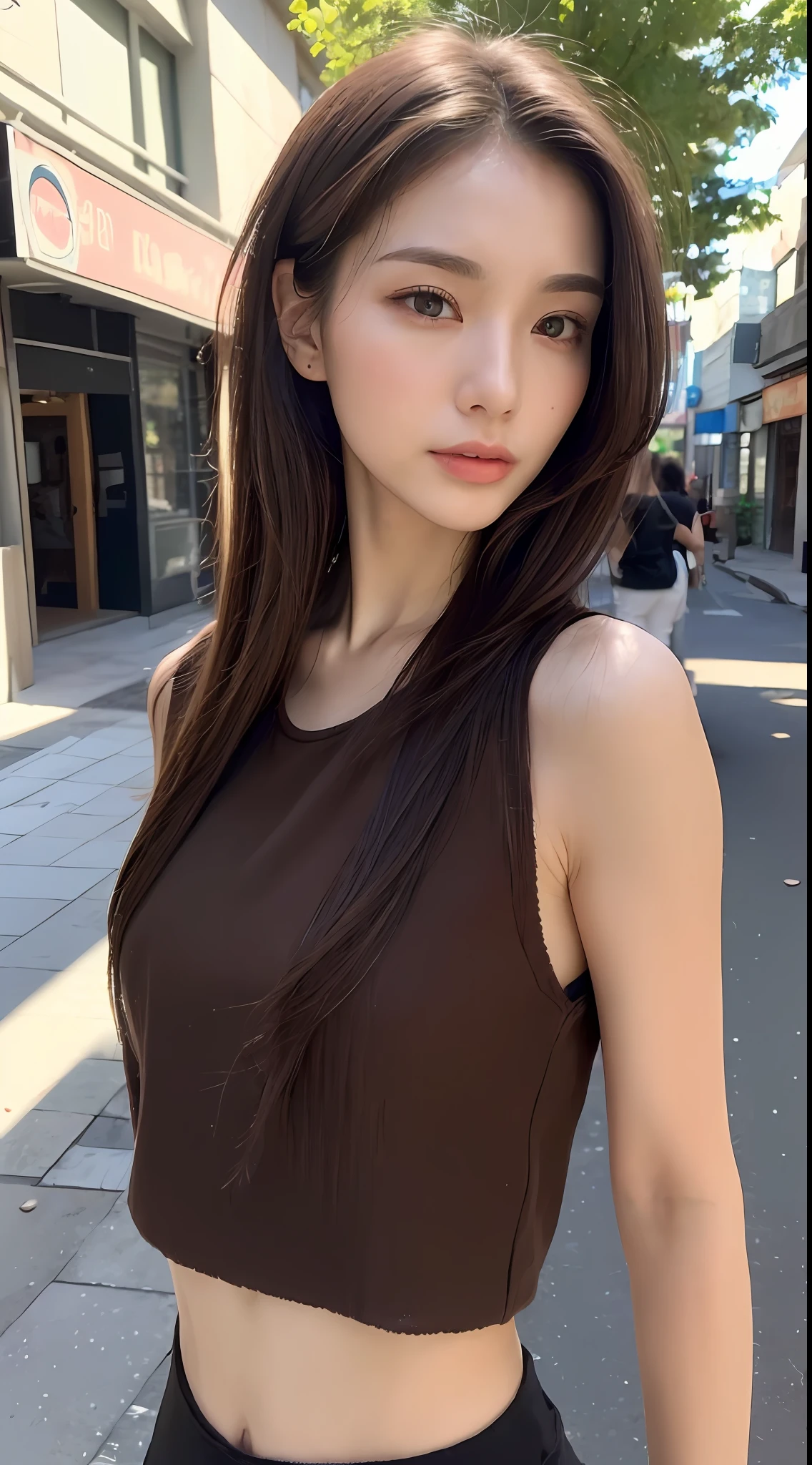 ((Top Quality, 8k, Masterpiece: 1.3)), Sharp Focus: 1.2, Perfect Style Beautiful Woman: 1.4, Slender Abs: 1.2, ((Dark Brown Hair, Small: 1.2)), (Natural Light, City Street: 1.1), Highly Detailed Face and Skin Texture, Detailed Eyes, Double Eyelids