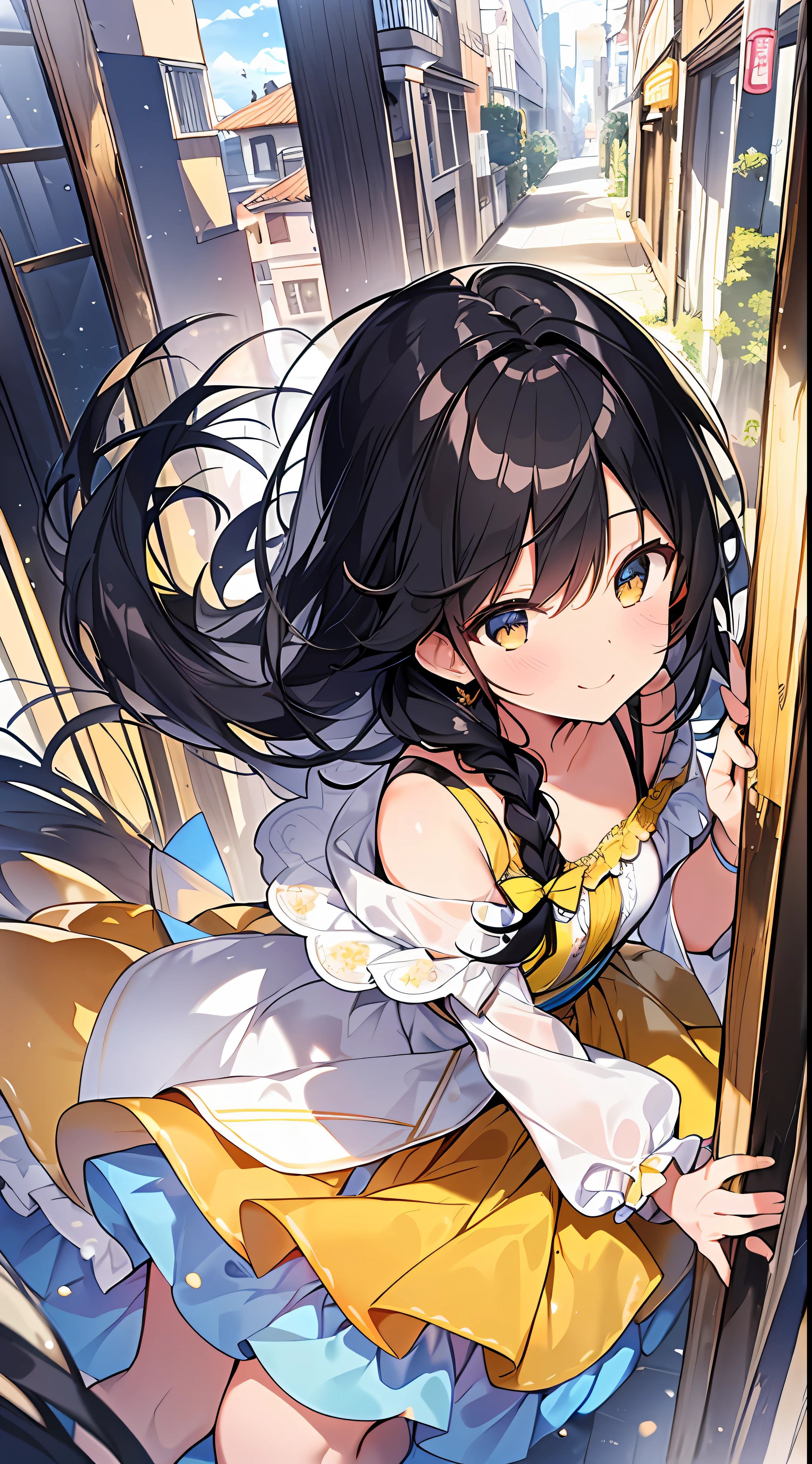 Top Quality, Masterpiece, High Resolution, 8k, Pastel Color, Luminous Yellow Dress and Skirt Anime Style Girl, One Girl, Detailed Line Art, Bright White and Bright Amber Style, Digital Enhancement, Anime Core, Flowing Fabric, Close Up, Shoulder Length and Short Braid, Beautiful Black Hair, Smiling, Angle Looking Up from Your Feet