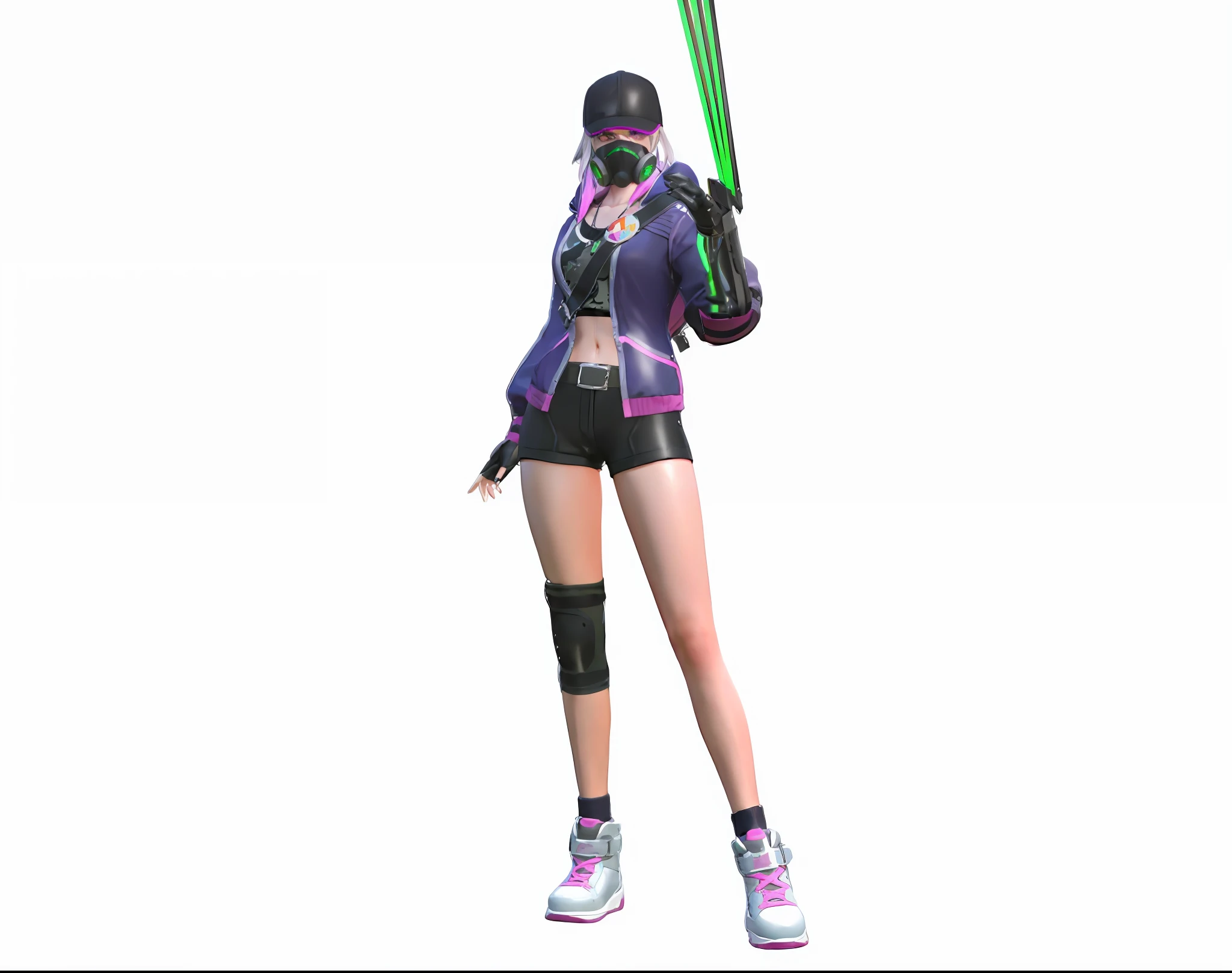 ((masterpiece:1.2, best quality)), ultra detailed, Ultra-precise depiction, Ultra-detailed depiction,, black cap, dark purple jacket, open jacket, black tanktop, black short pants,gas mask, clawn