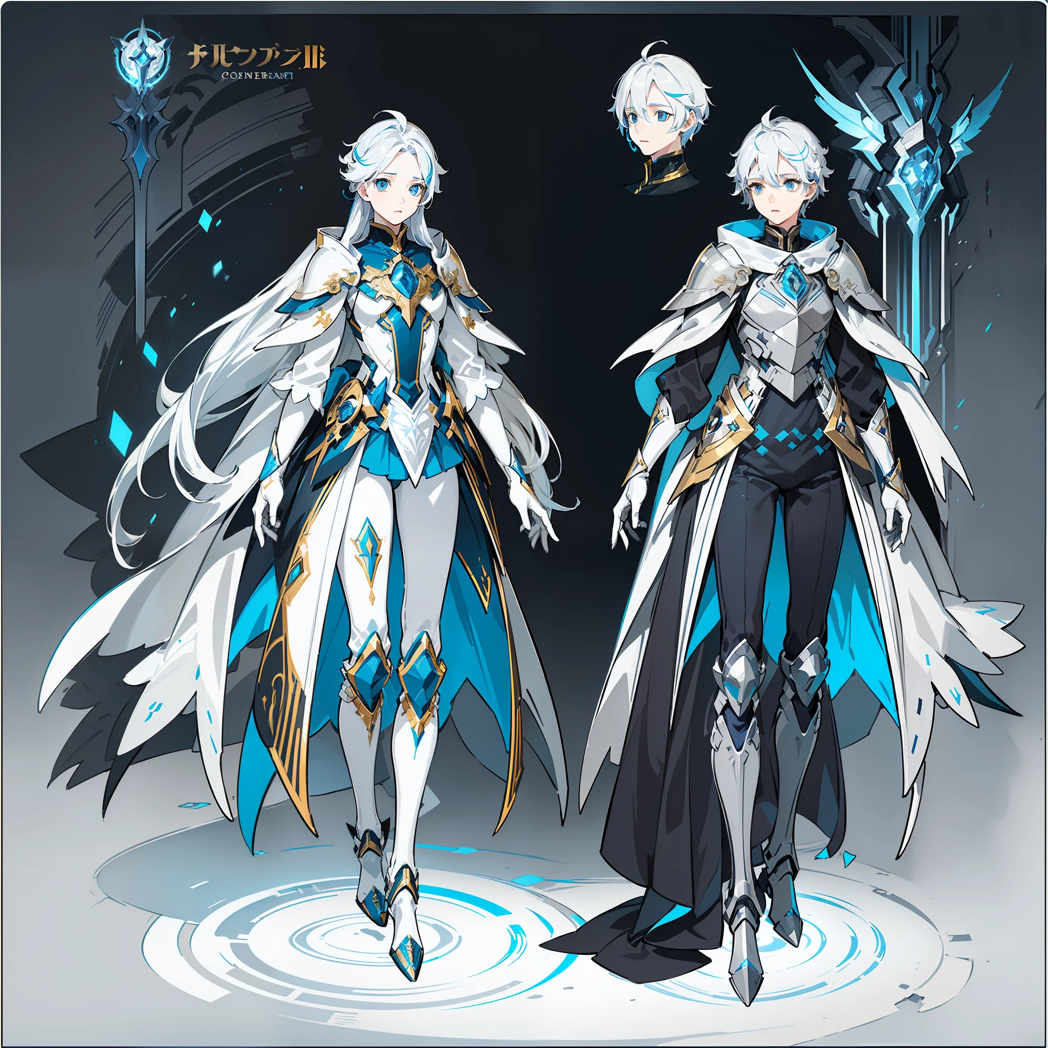 (((concept Art))), (((One character))), Male, Boy, (((Albinism))), Silver Eyes, ((Light Technological Armor of Metallic color with Highlights in blue and gold color)), Imperial, having mostly the White Color, but having small Parts in blue.
