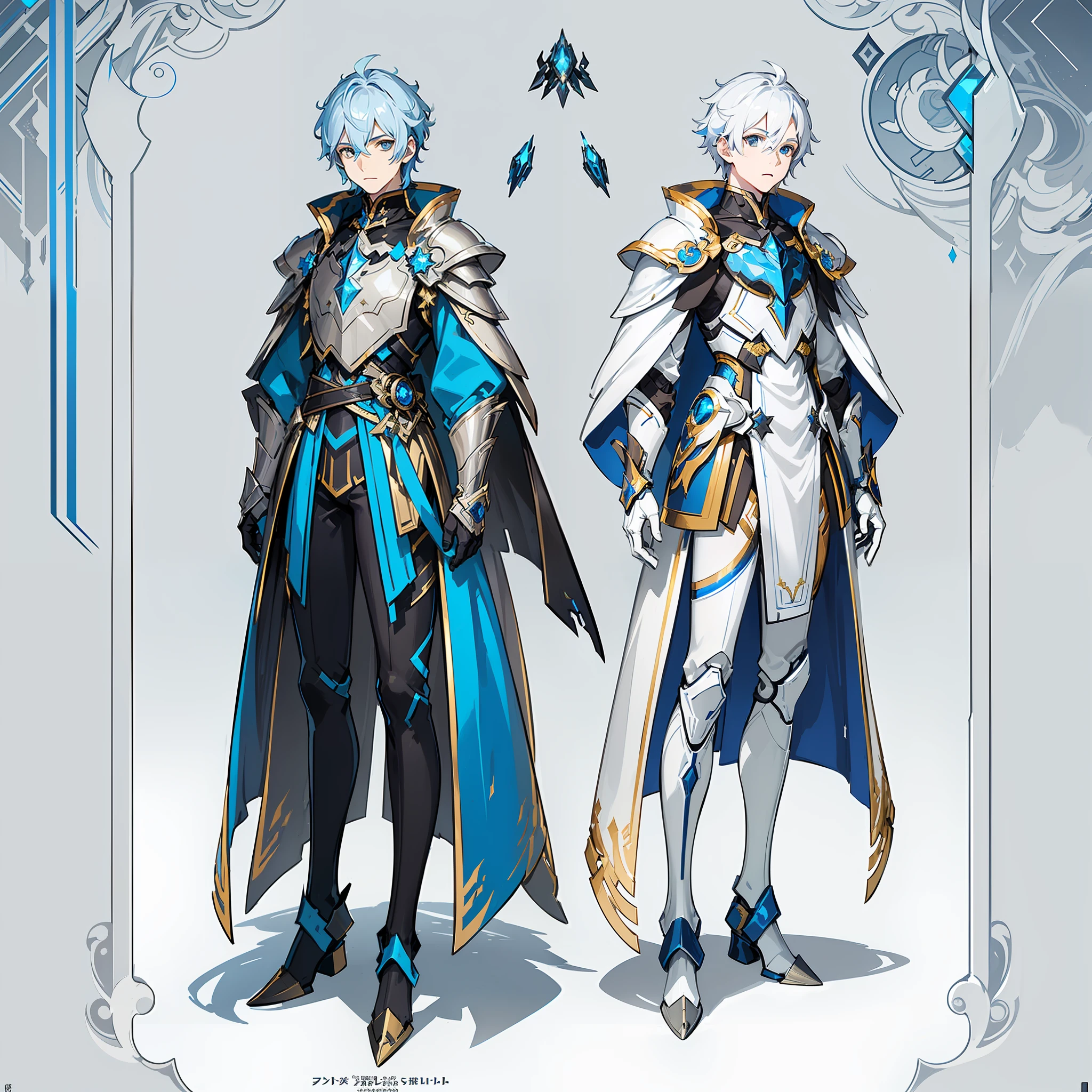(((concept Art))), (((One character))), Male, Boy, (((Albinism))), Silver Eyes, ((Light Technological Armor of Metallic color with Highlights in blue and gold color)), Imperial, having mostly the White Color, but having small Parts in blue.