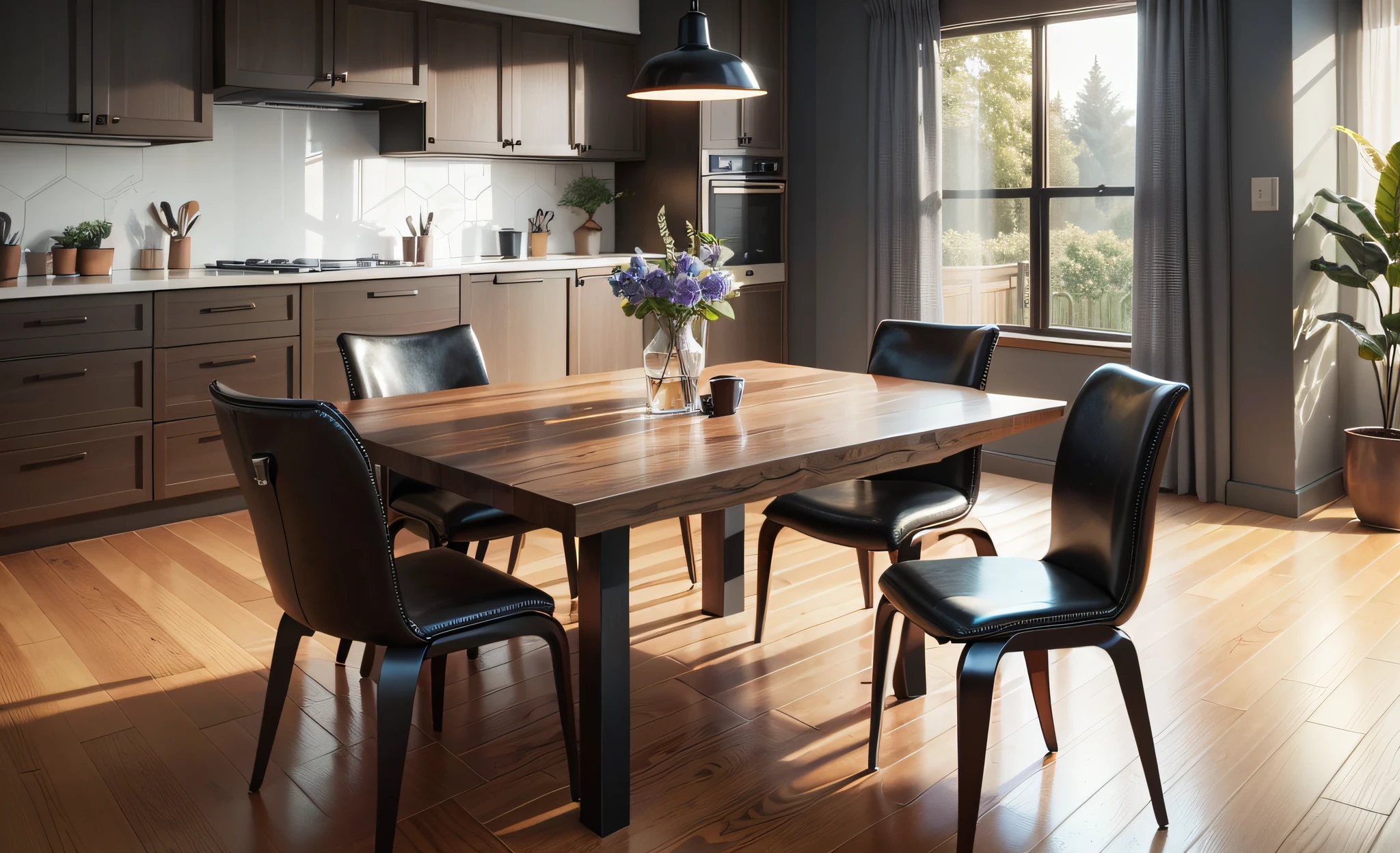 a dining chair is sitting on a wooden floor, in the style of photorealistic detailing, dark gray and brown, leather/hide, futuristic retro, lively interiors, 8k resolution, asymmetric designs