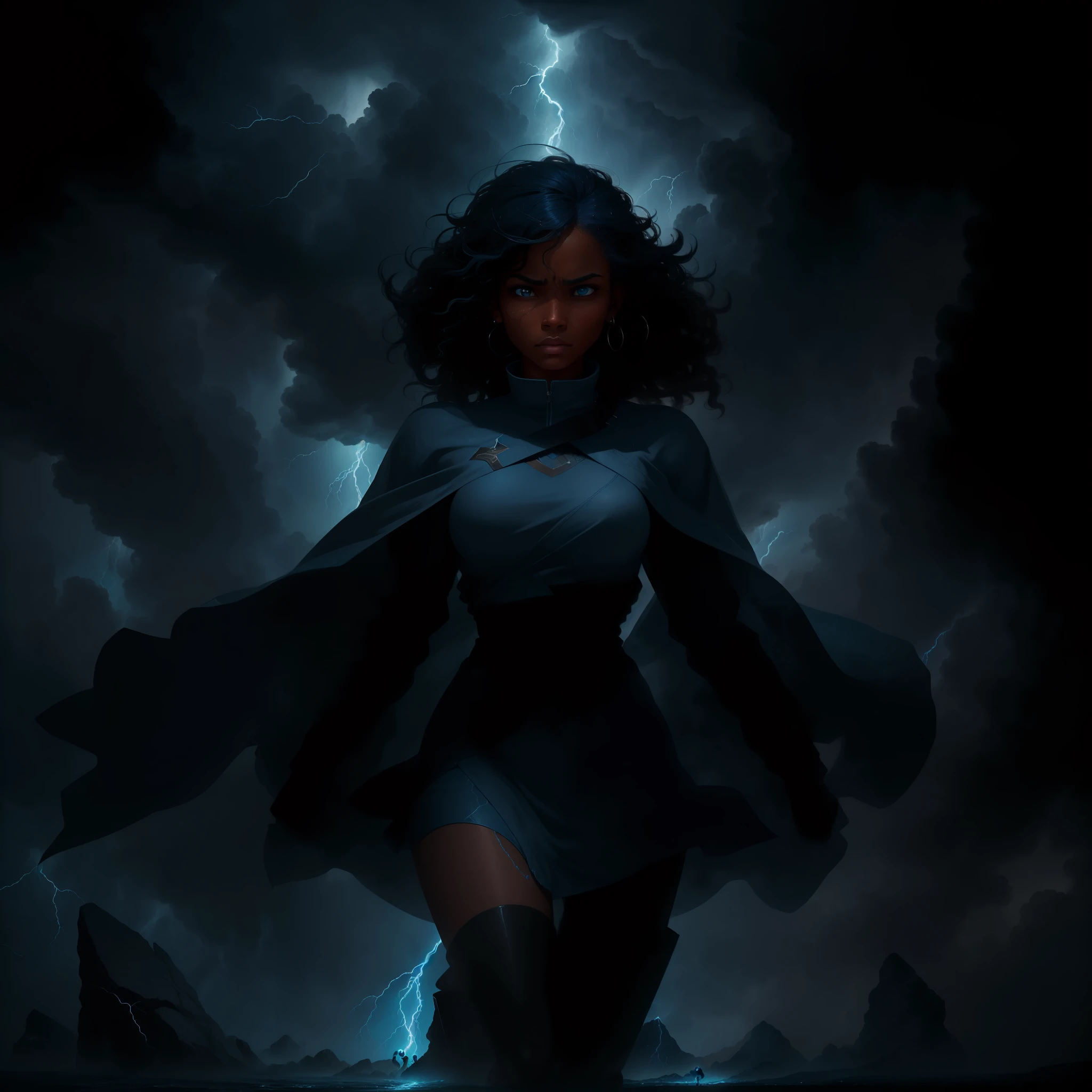 The image depicts a blue-skinned woman in a position of power and determination. She is standing in the middle of a storm, braving high winds and heavy rain. His posture is firm and fearless, demonstrating courage in the face of adversity. The image conveys the message that it is possible to find inner strength even in the most challenging moments.