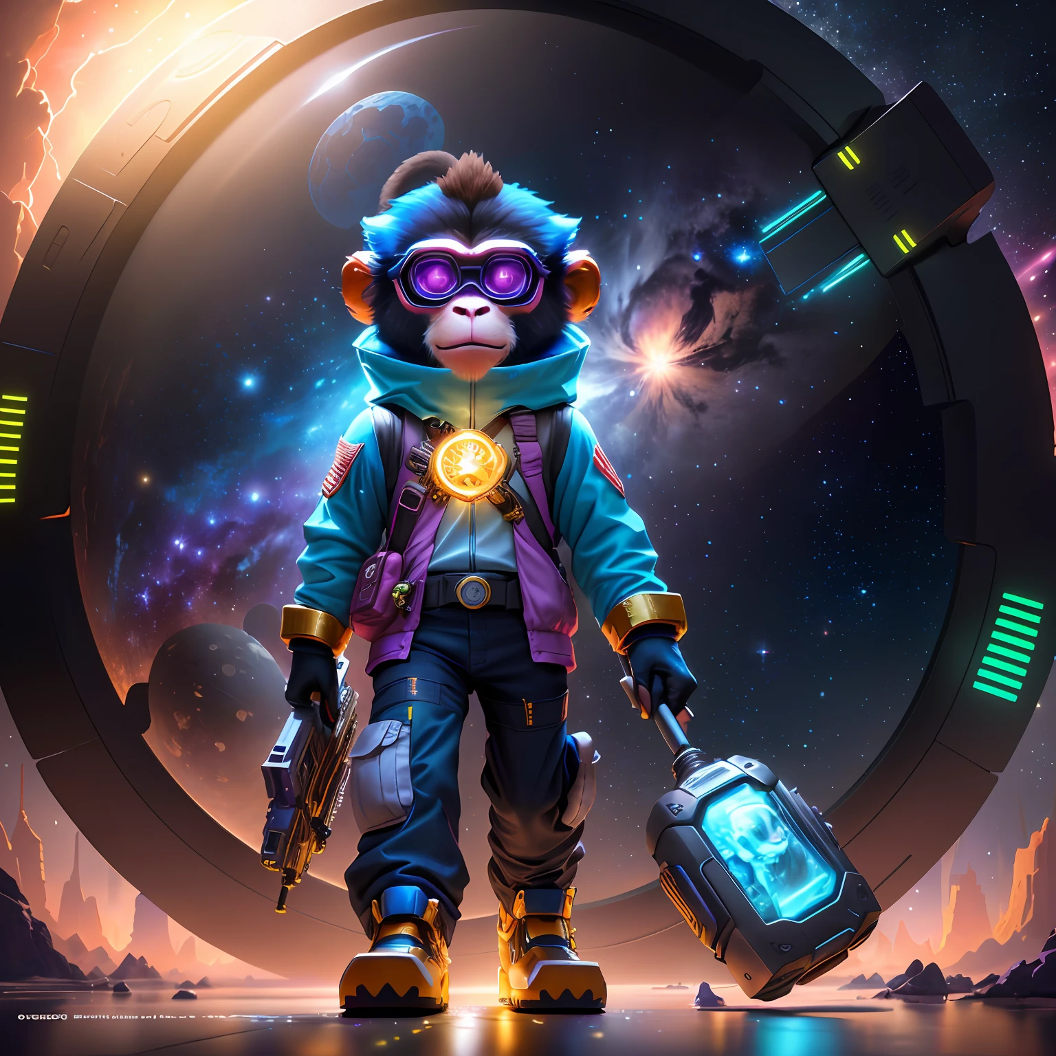 Create an image of a purple monkey on the surface of the moon, holding the flag of the Soviet Union. Make sure the monkey is in a realistic pose and that the flag is clearly visible. Use vibrant colors and precise details to make the image as realistic as possible.