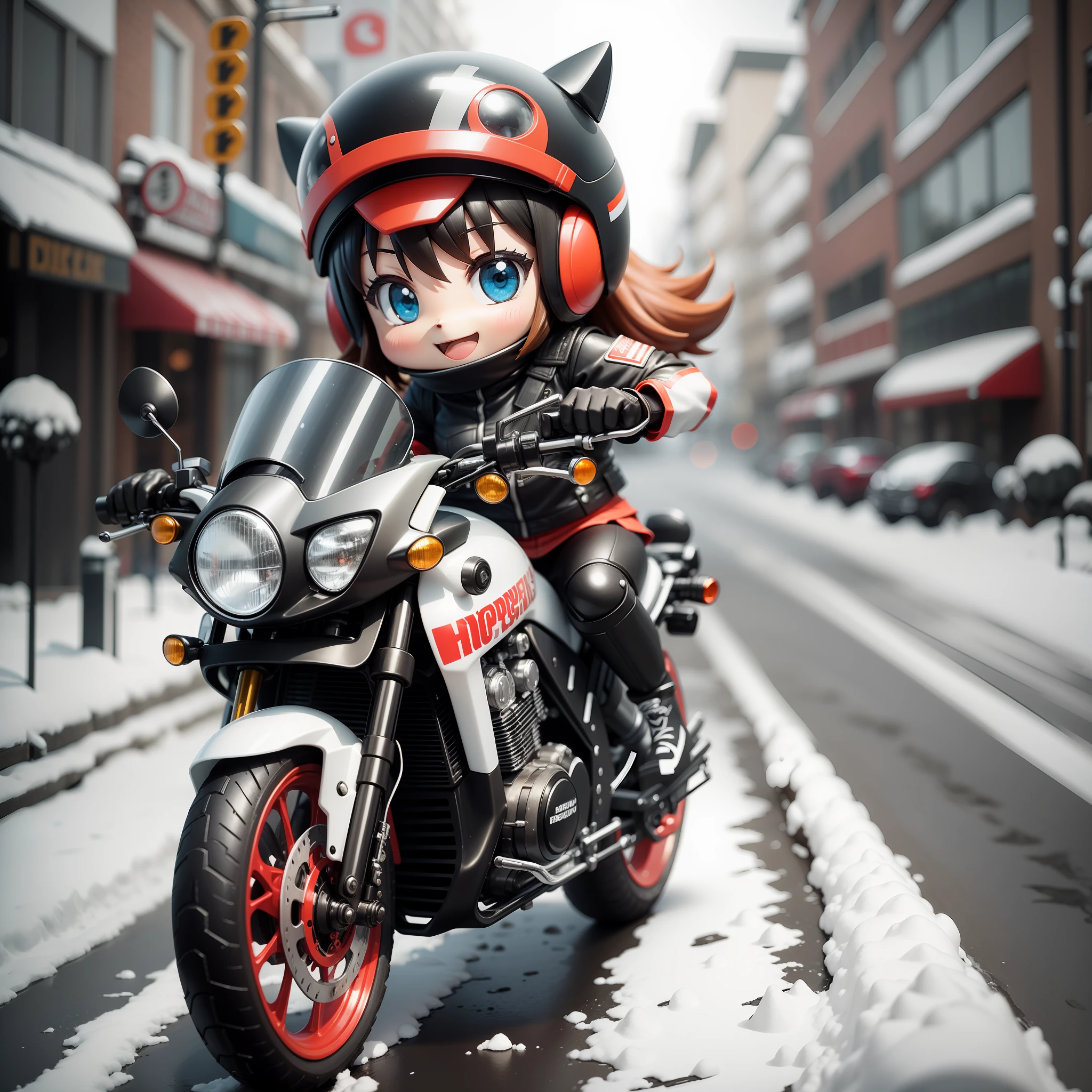 Super distant view, black and white dog and red motorcycle doll, Nendroid, Nendoroid, happy !!!, Nendoroid, in the snow, running around the city on a motorcycle, Chiho Aoshima, Good Smile Company anime style, motorcycle, scene!!, wallpaper!, Nendoroid 3D, portrait!!, shikamimi, heavy vignette!