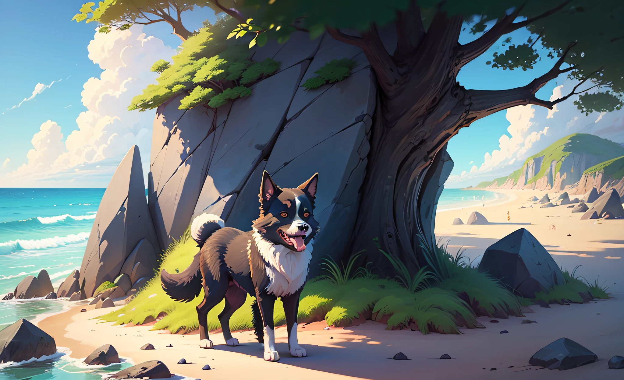 a 2D cartoon of a super cute happy dog standing in dynamic pose in a rocky lush beach, tree shadow, sunlight, clear blue sky, clouds, with lush soft pastel color, ominous illustration, ghibli aesthetic --auto --s2