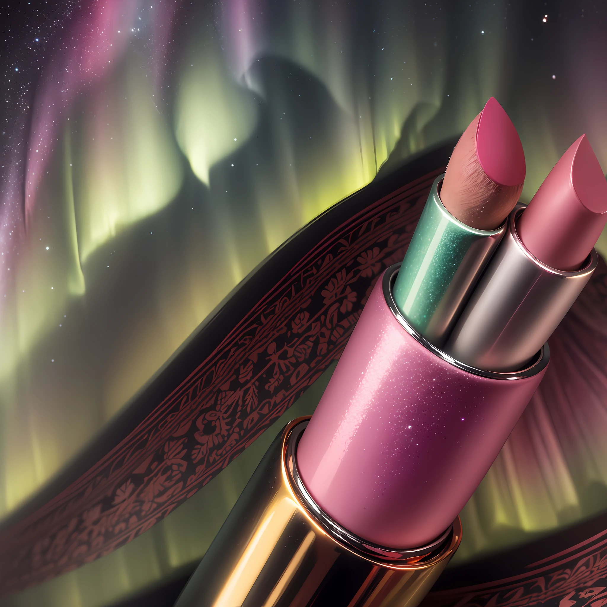 A lipstick product with 4 shades, in the background the aurora borealis, lipstick, makeup, Brazilian woman, apothecary, woman in makeup. --auto --s2