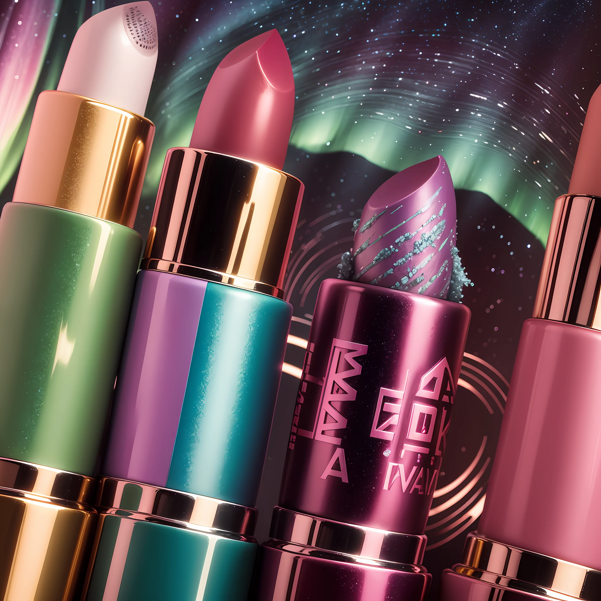 A lipstick product with 4 shades, in the background the aurora borealis, lipstick, makeup, Brazilian woman, apothecary, woman in makeup. --auto --s2