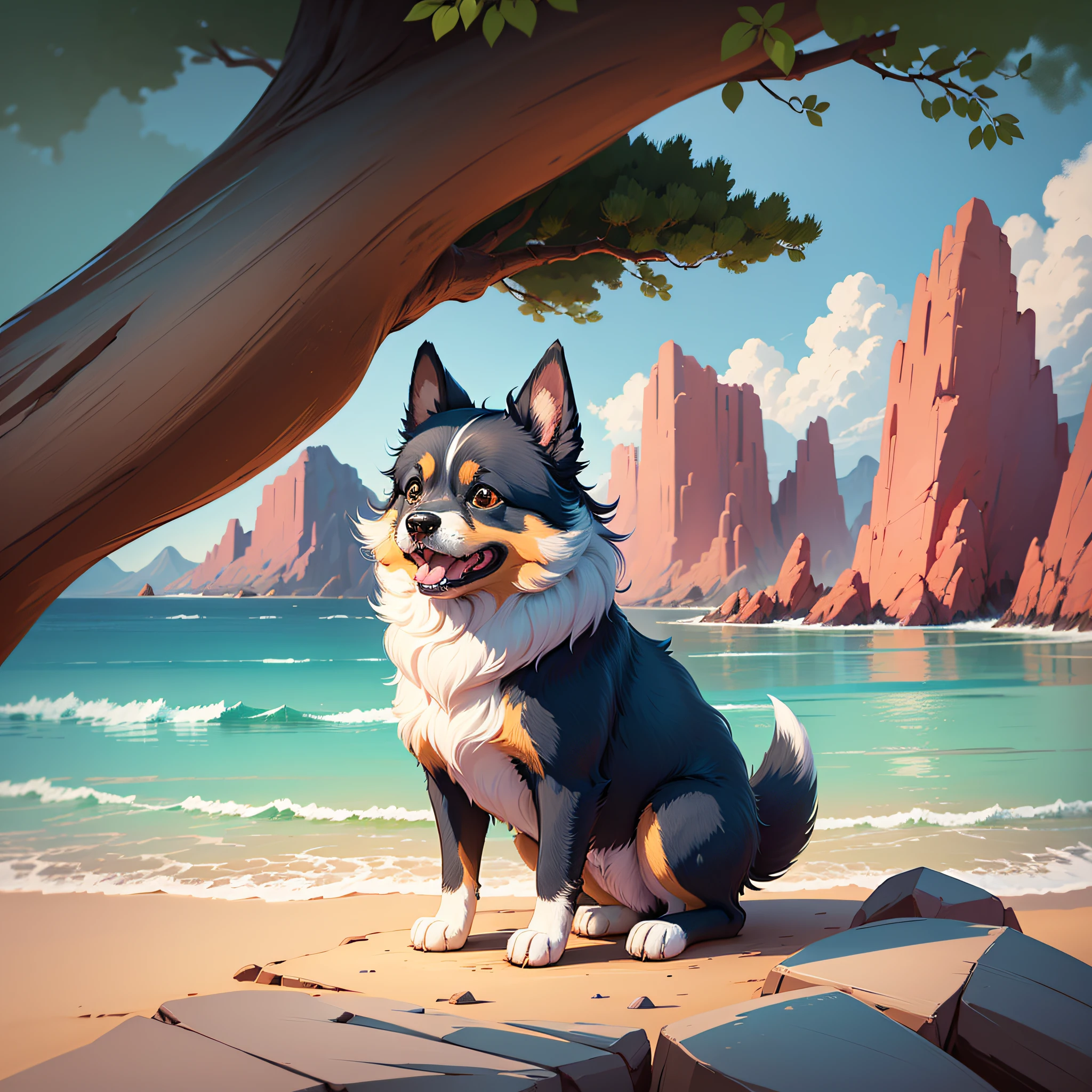 a 2D cartoon of a super cute happy dog standing in dynamic pose in a rocky lush beach, tree shadow, sunlight, clear blue sky, clouds, with lush soft pastel color, ominous illustration, ghibli aesthetic --auto --s2