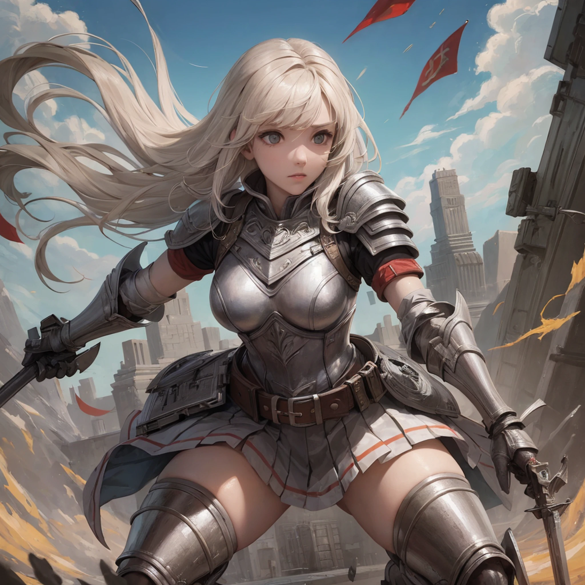 A girl dressed in armor fights in a battlefield of thousands of troops --auto --s2