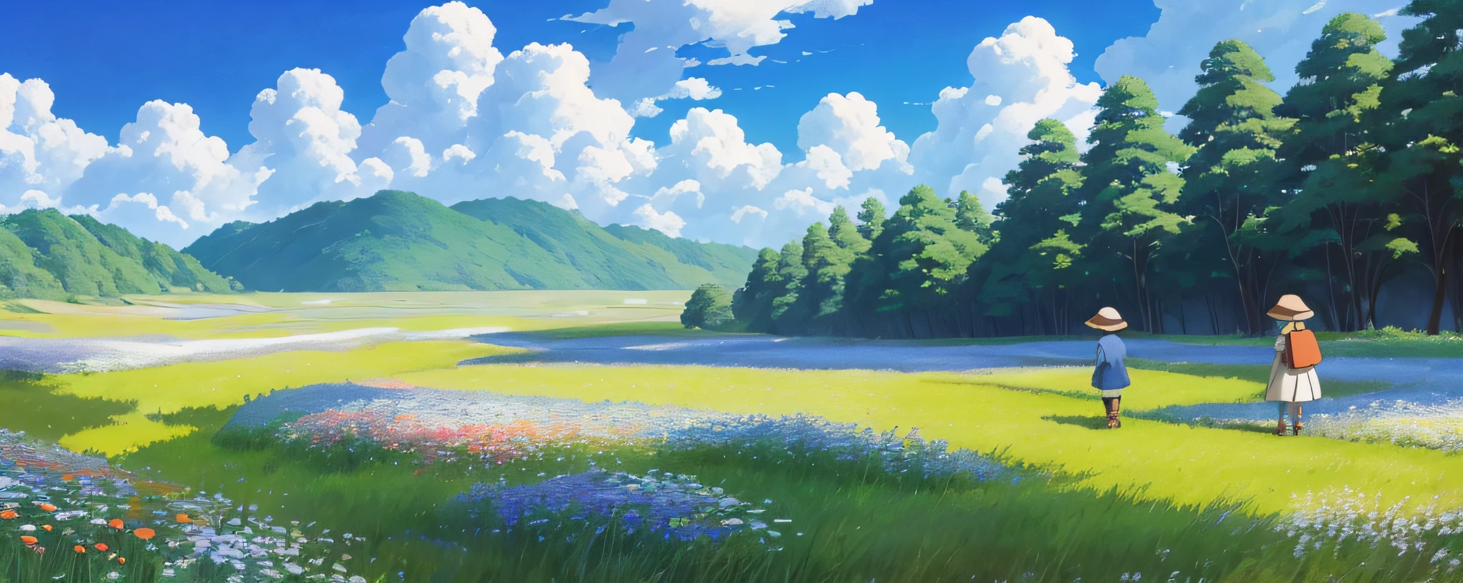 Realistic, authentic, beautiful and amazing landscape oil painting Studio Ghibli Hayao Miyazaki&#39;s petal grassland with blue sky and white clouds --auto --v6 --s2