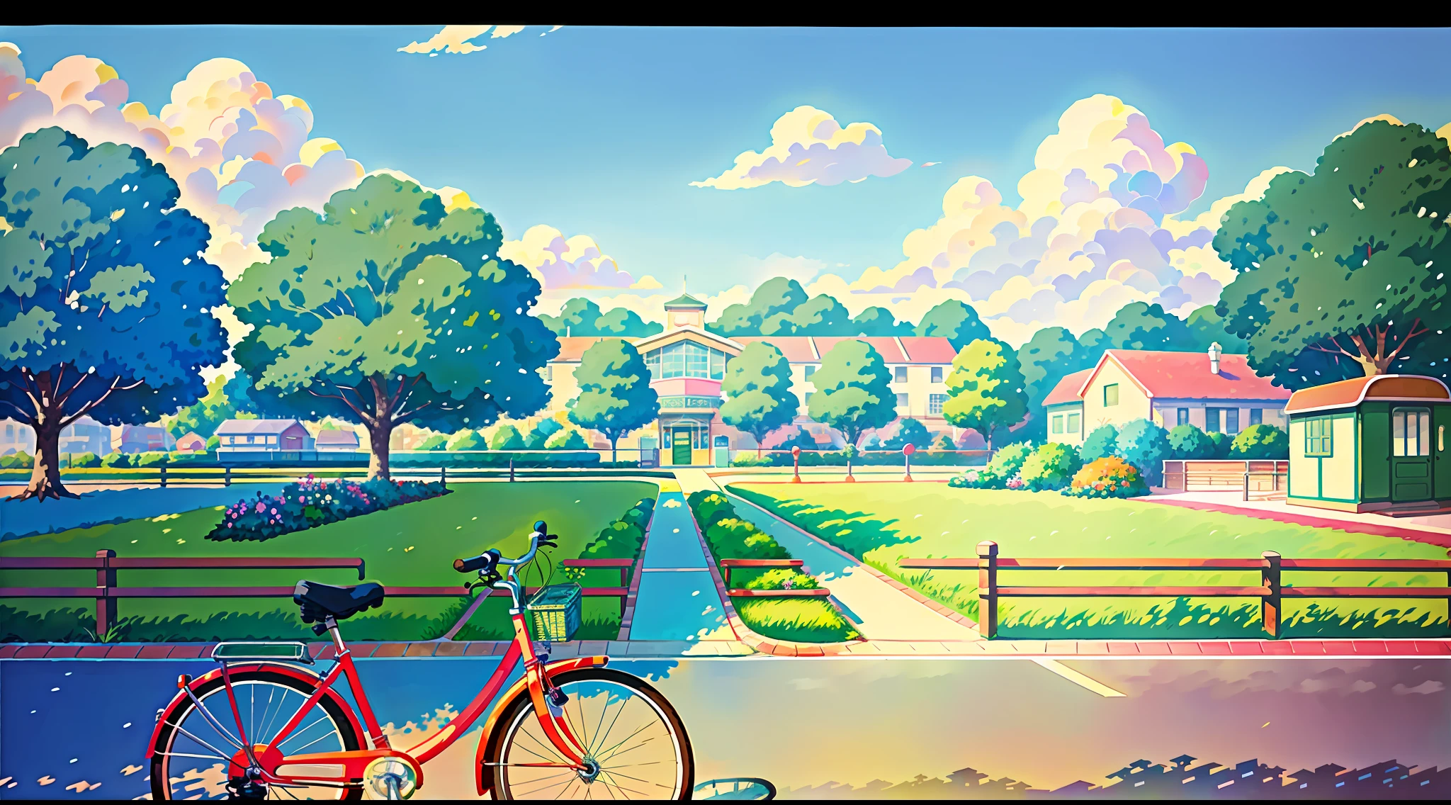 (bike: 1.5), (realistic bike: 1.5), in front of viewer, lofi landscape, close-up, park, school, details, landscape background, shadows, contrast, (Best quality:1.3), (Highres:1) Art by Studio Ghibli Style, Vibrant colors, Impressionism