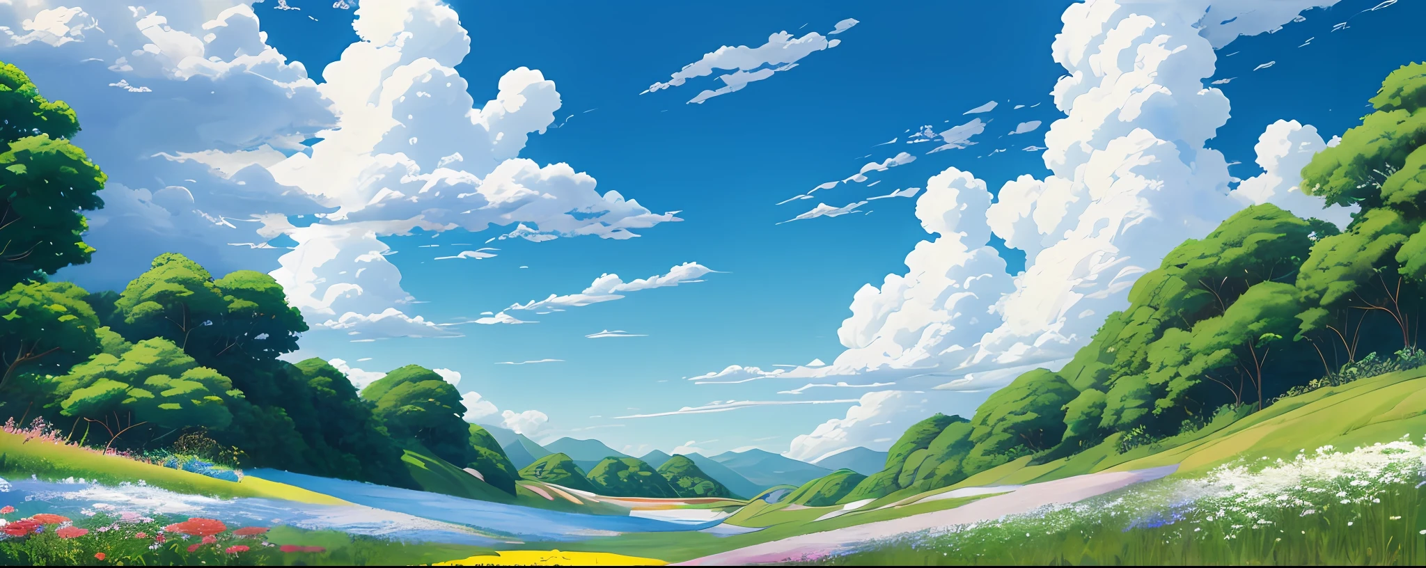 Realistic, authentic, beautiful and amazing landscape oil painting Studio Ghibli Hayao Miyazaki's petal grassland with blue sky and white clouds --auto --v6 --s2