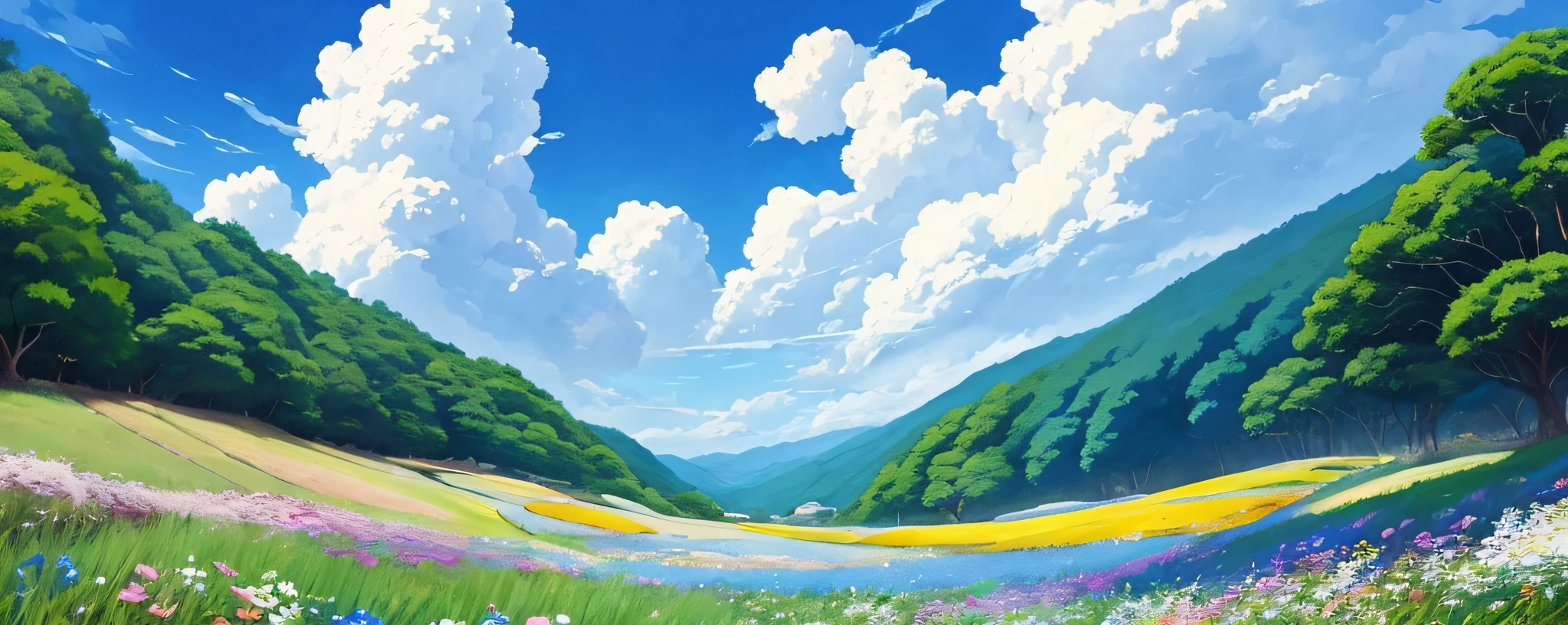 Realistic, authentic, beautiful and amazing landscape oil painting Studio Ghibli Hayao Miyazaki's petal grassland with blue sky and white clouds --auto --v6 --s2