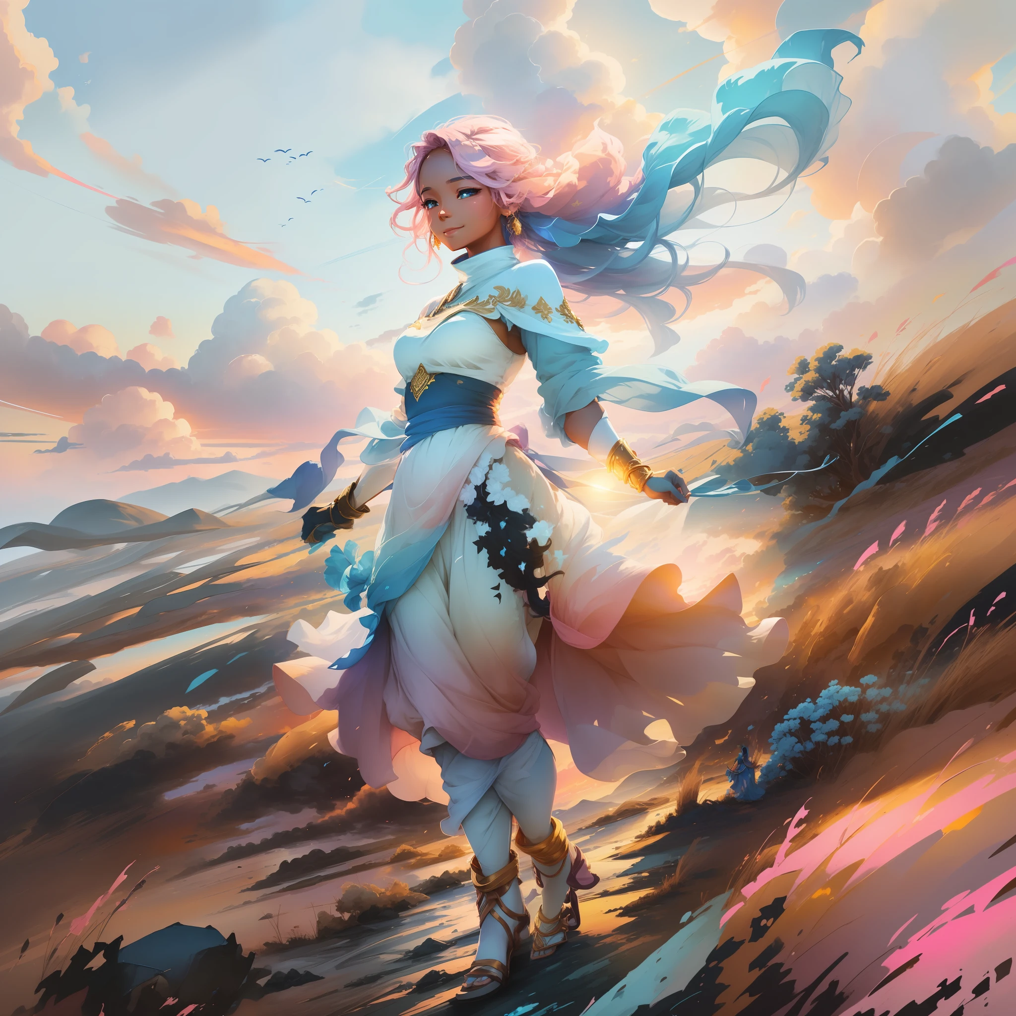 A woman with radiant blue skin is standing on top of a hill, staring at the horizon with a serene smile. The sunset paints the sky with golden and pink hues, while soft clouds dance around it. The image conveys the sense of hope, representing the strength and determination to face challenges.